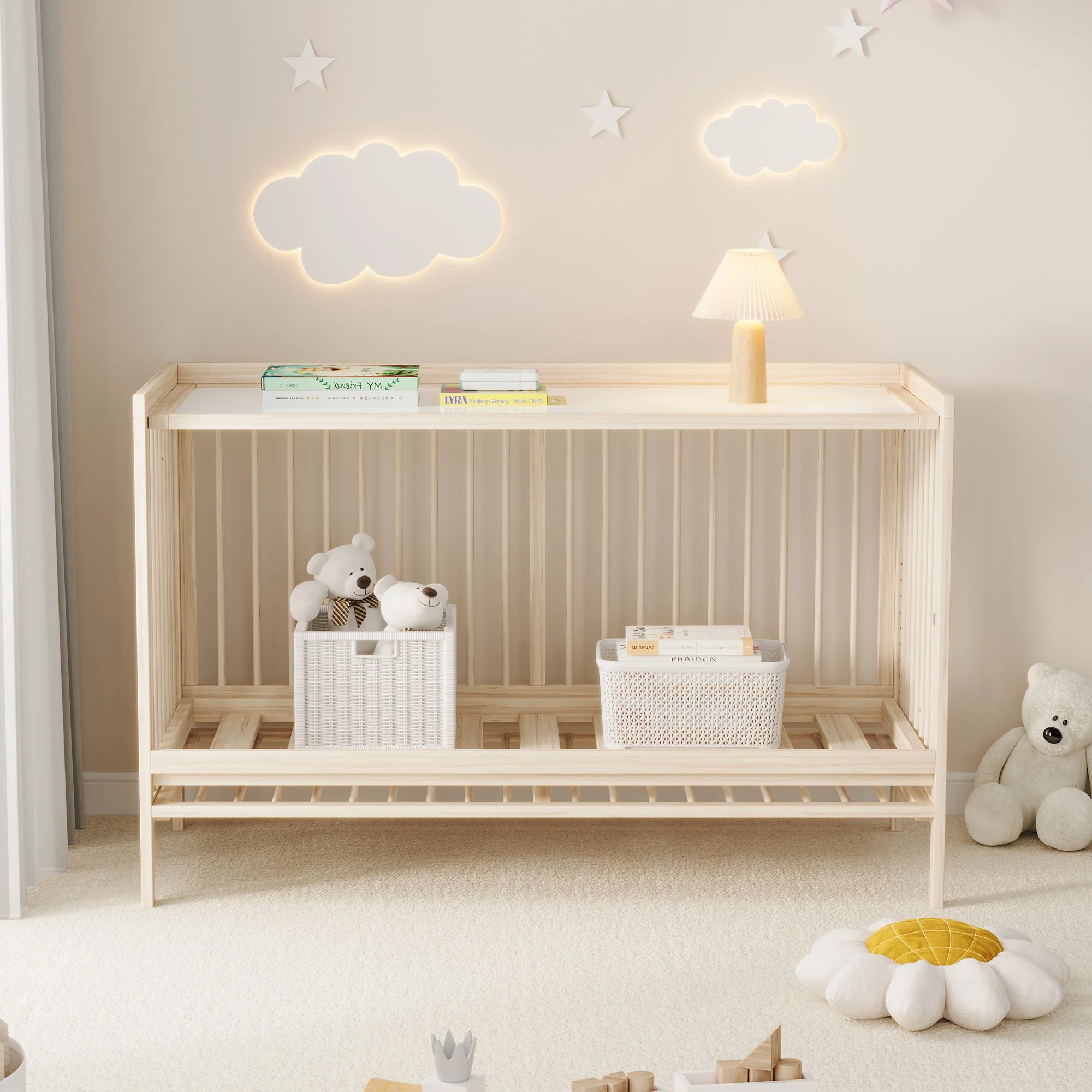 Wooden Baby Bed, Multifunctional Convertible Side Bed/Desk, Spruce, Natural Color - Image 7