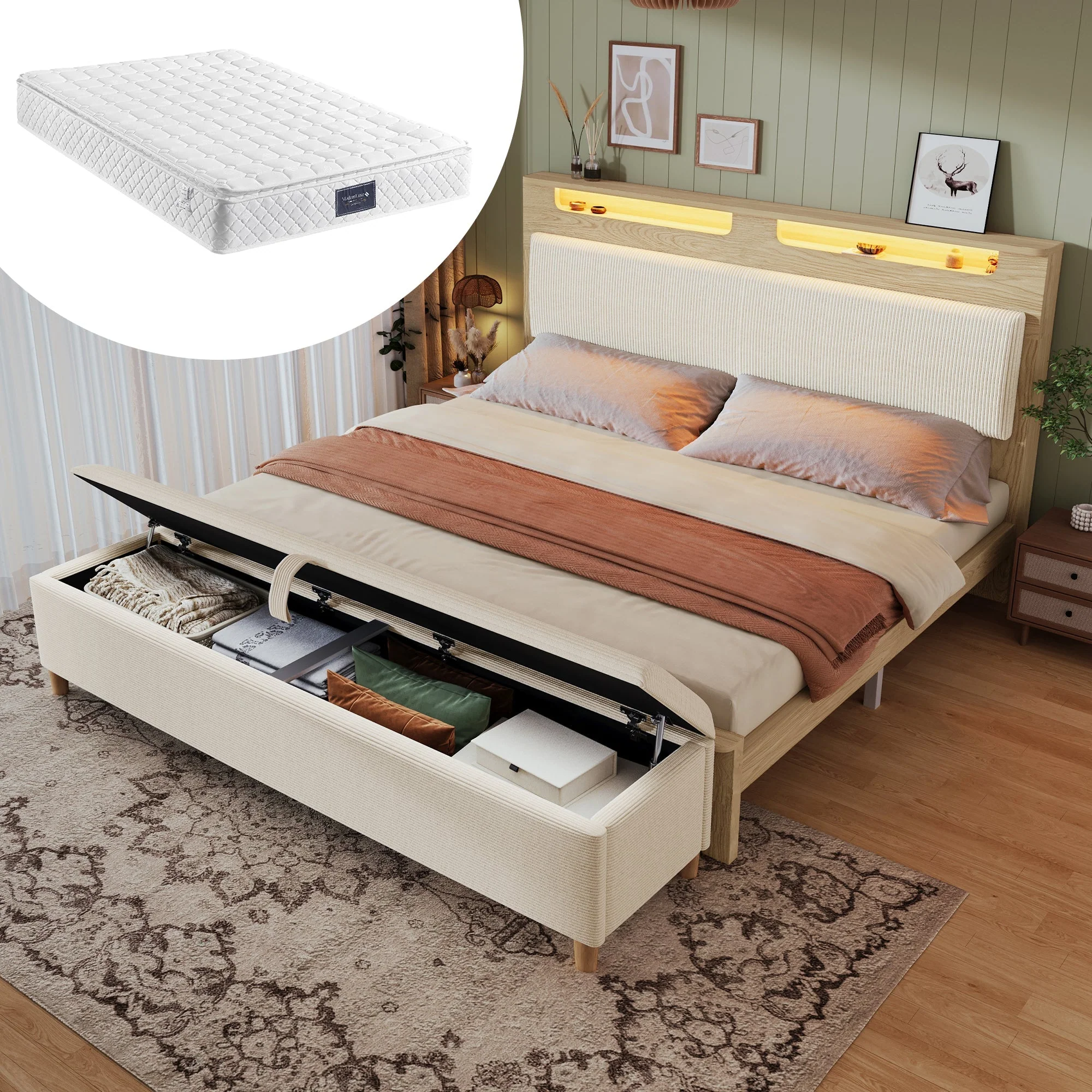 Wooden Bed 160x200cm with Bench, Storage Headboard & LED, Light Oak