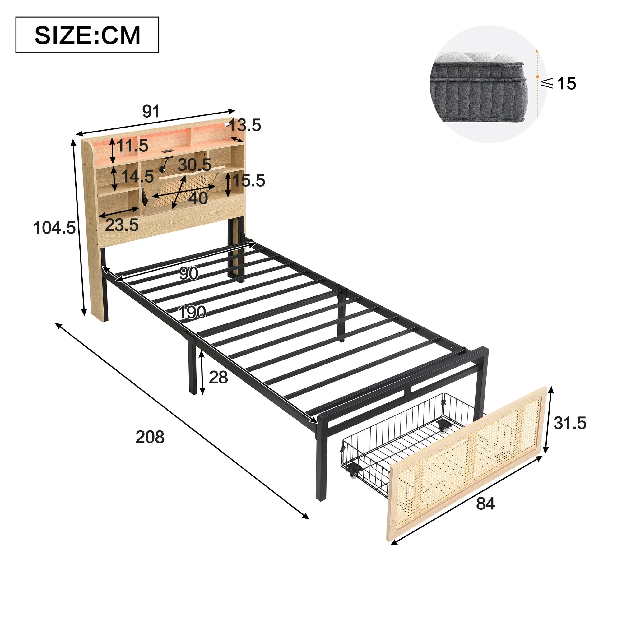 Wooden Bed, 3ft Single, LED Light, Charging Port & Storage, Wood Colour - Image 7