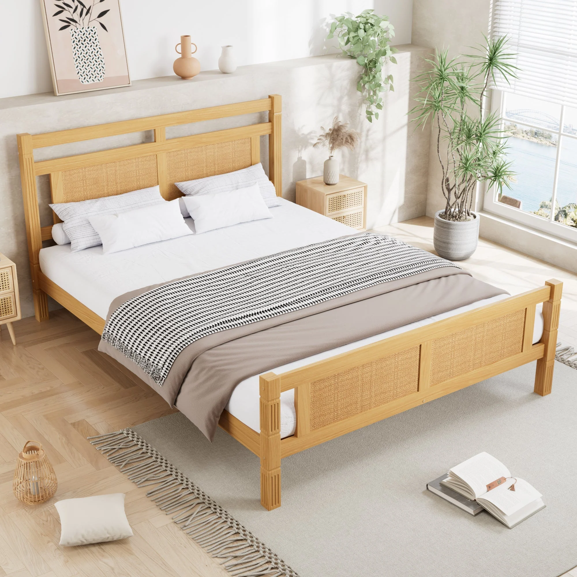 Wooden Bed 4ft6 Double Rattan Paper Sturdy Slats Wood Colour