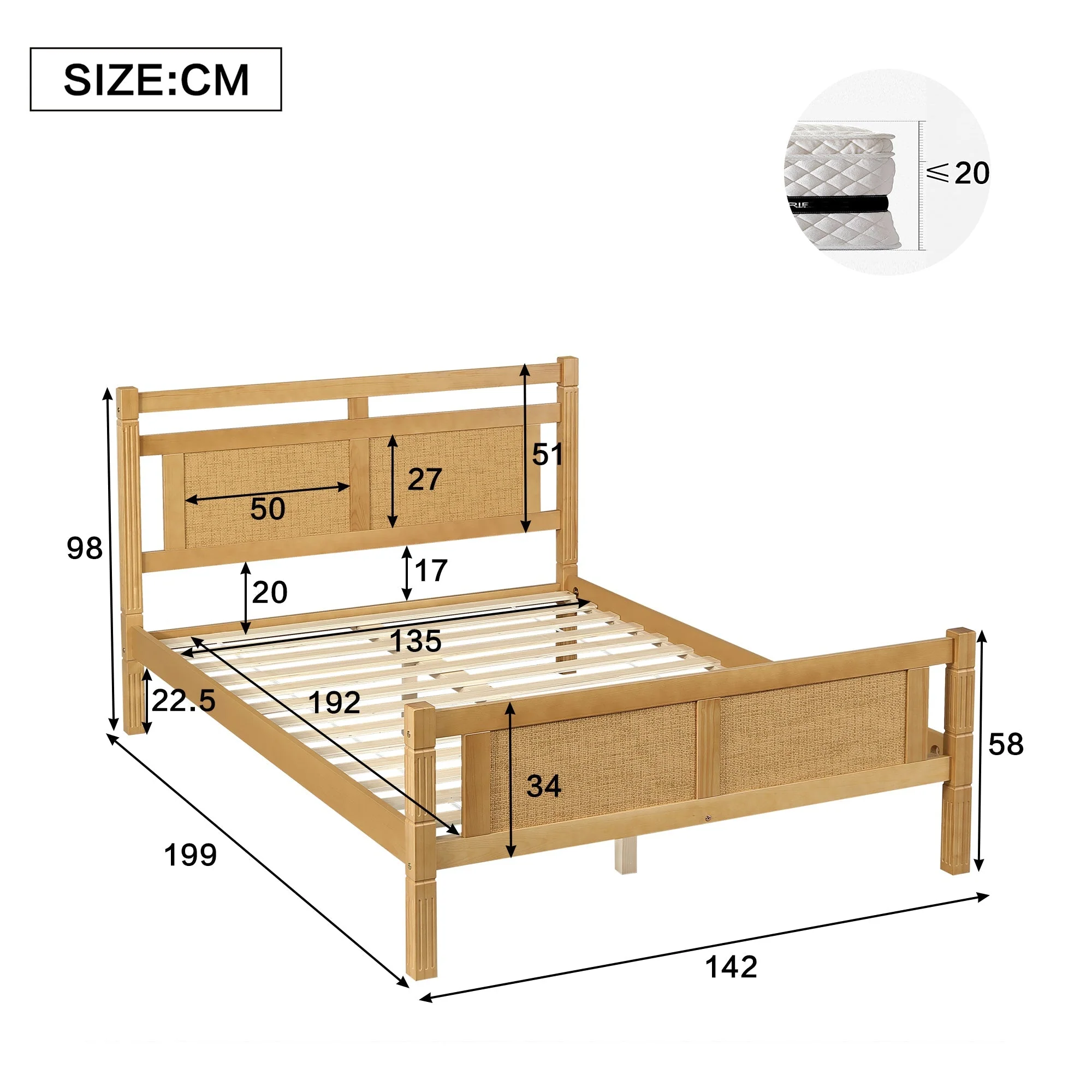 Wooden Bed 4ft6 Double Rattan Paper Sturdy Slats Wood Colour - Image 4