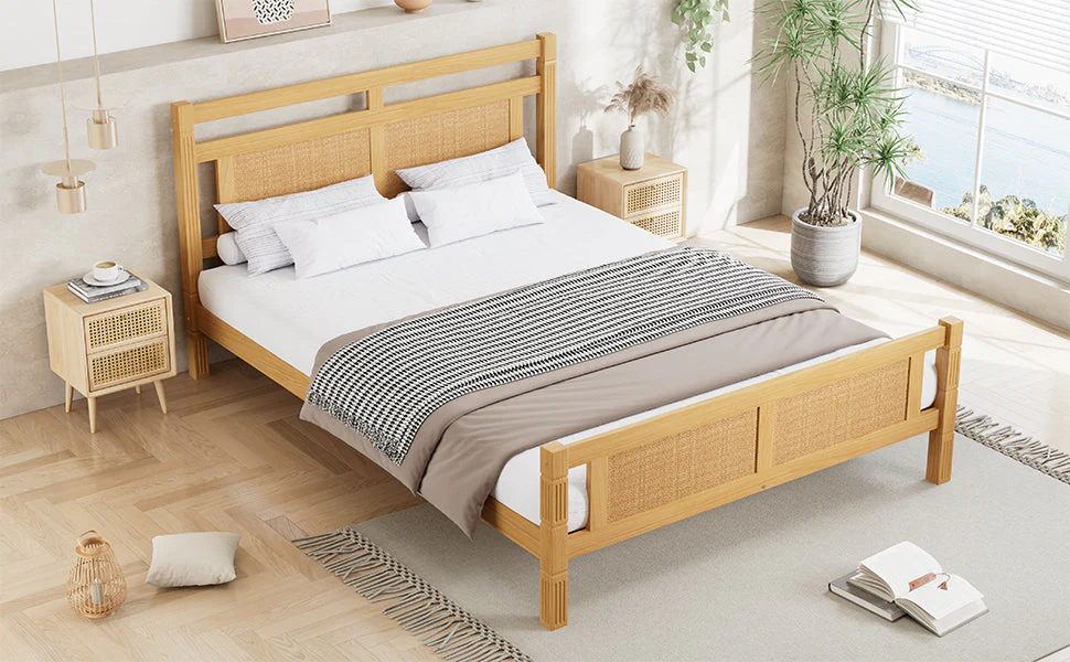 Wooden Bed 4ft6 Double Rattan Paper Sturdy Slats Wood Colour - Image 7