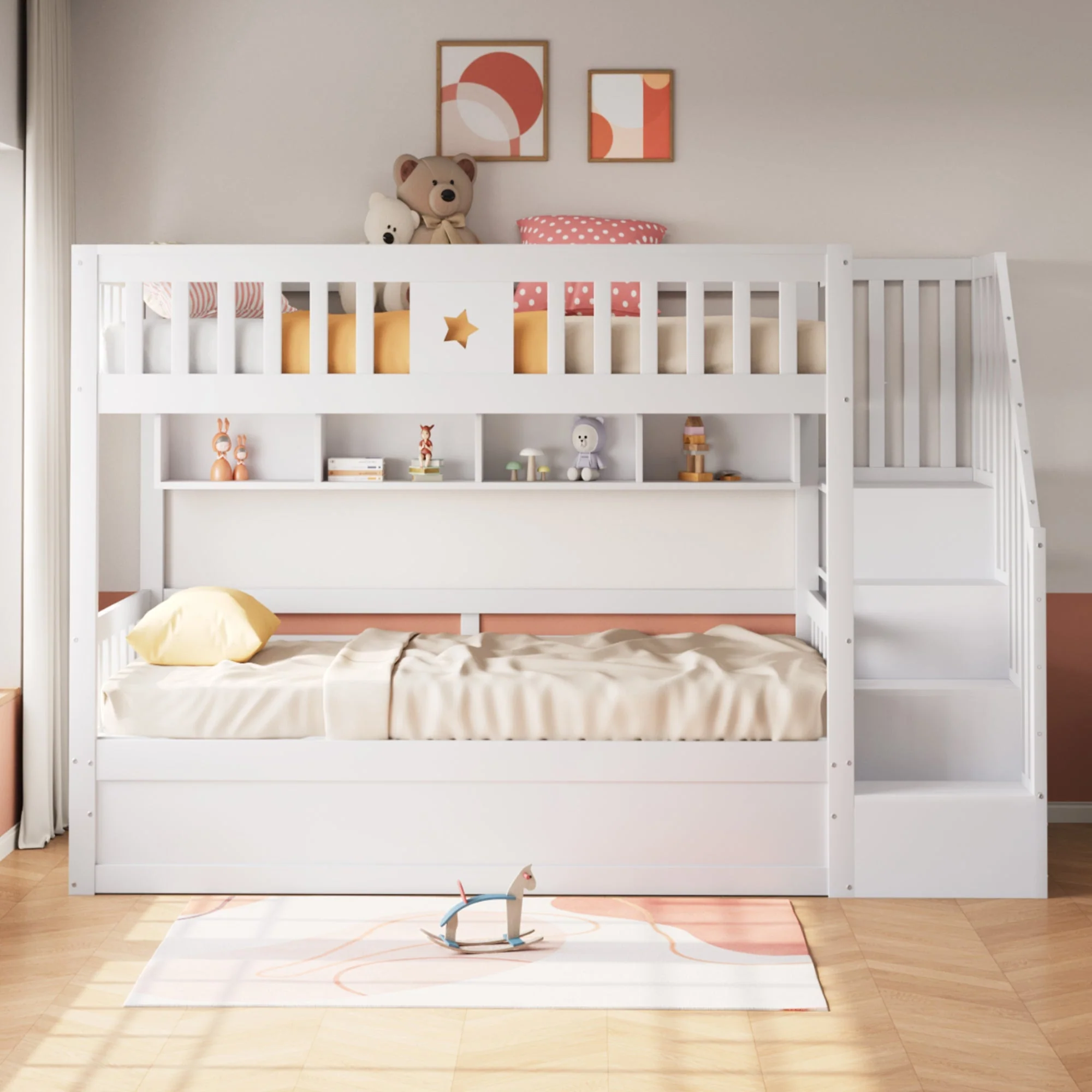 Wooden Bed 90x200cm, Hydraulic Storage, Stairs, Shelves, Loft/Bunk/Youth Bed, White - Image 3