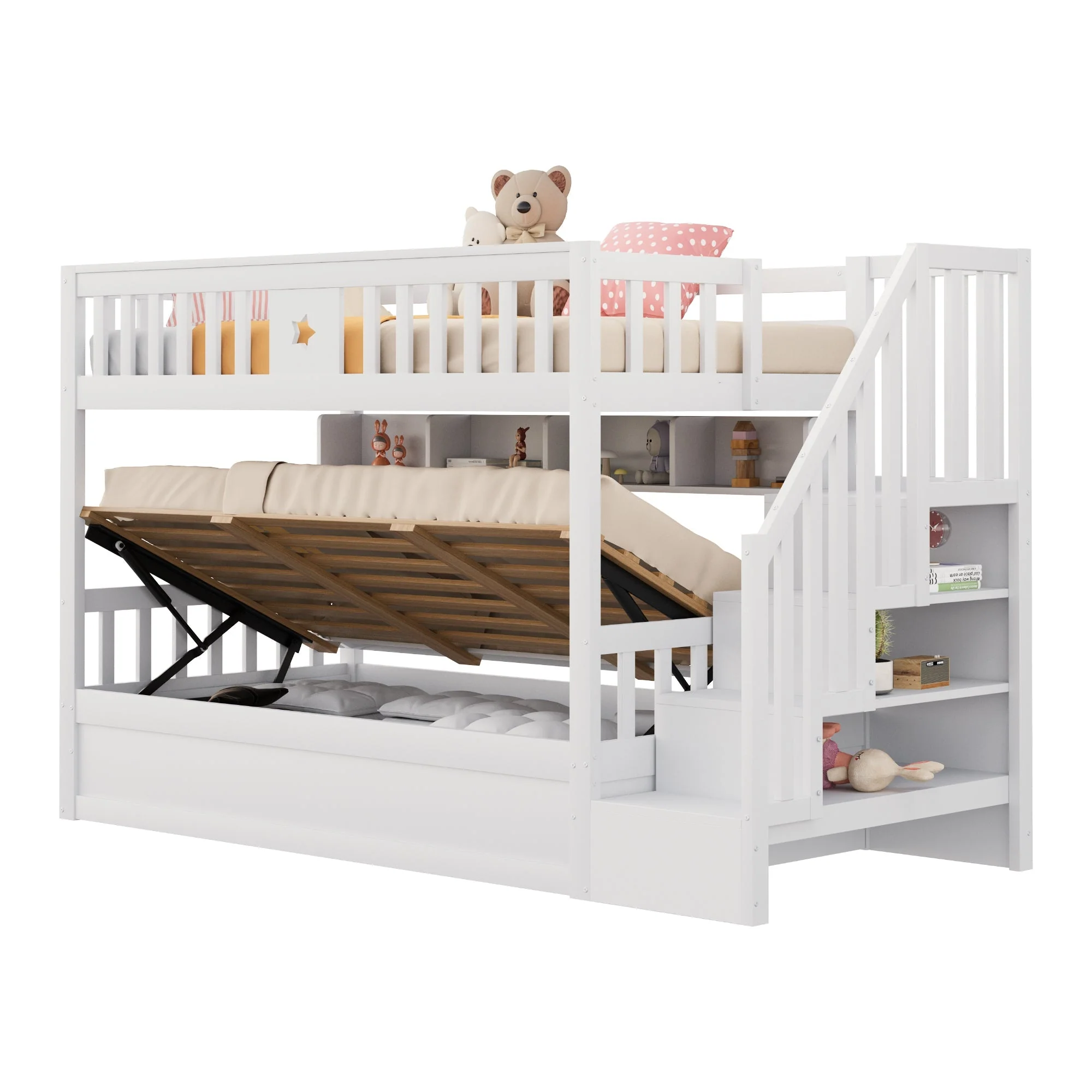 Wooden Bed 90x200cm, Hydraulic Storage, Stairs, Shelves, Loft/Bunk/Youth Bed, White - Image 5