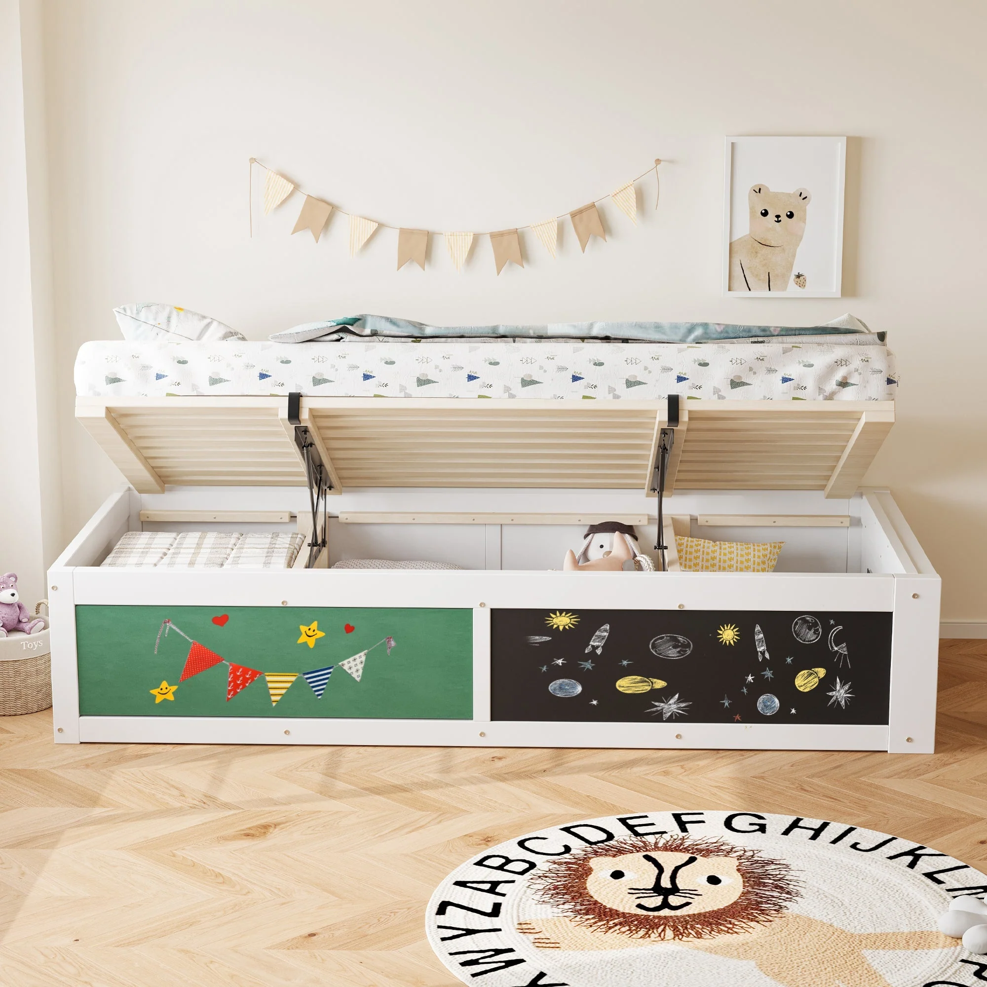 Wooden Bed 90x200cm Hydraulic Writing Surface Storage - White - Image 2