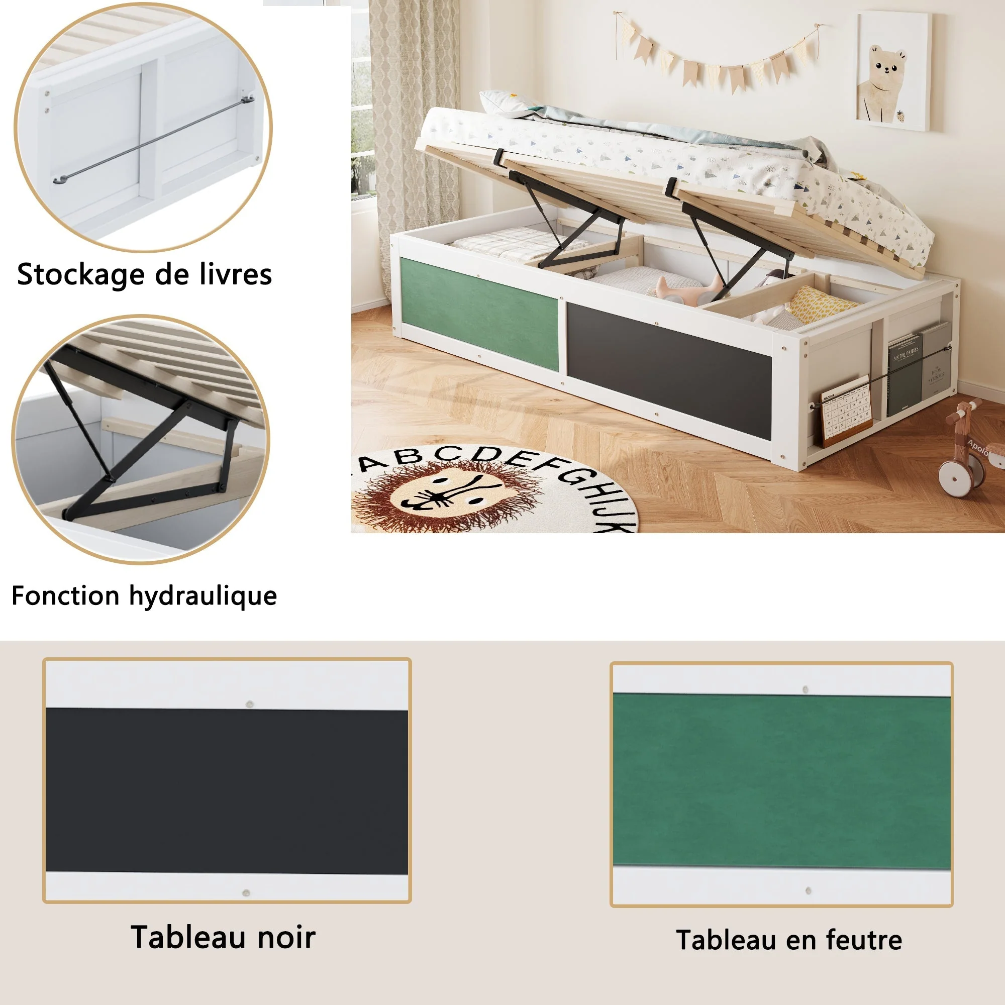 Wooden Bed 90x200cm Hydraulic Writing Surface Storage - White - Image 9