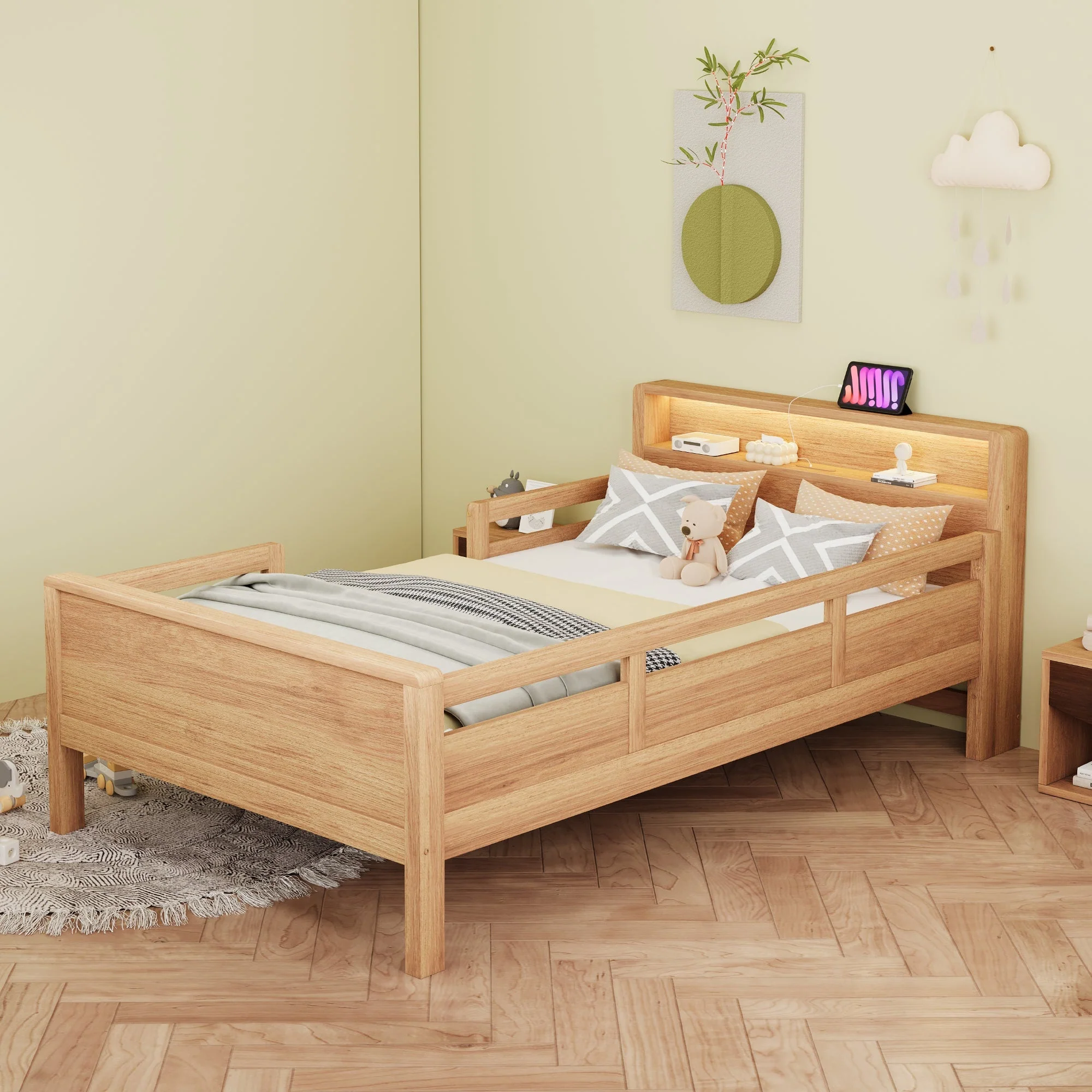 Wooden Bed, 90x200cm USB/Type-C, LED Light, Storage Headboard, Pinewood - Image 3