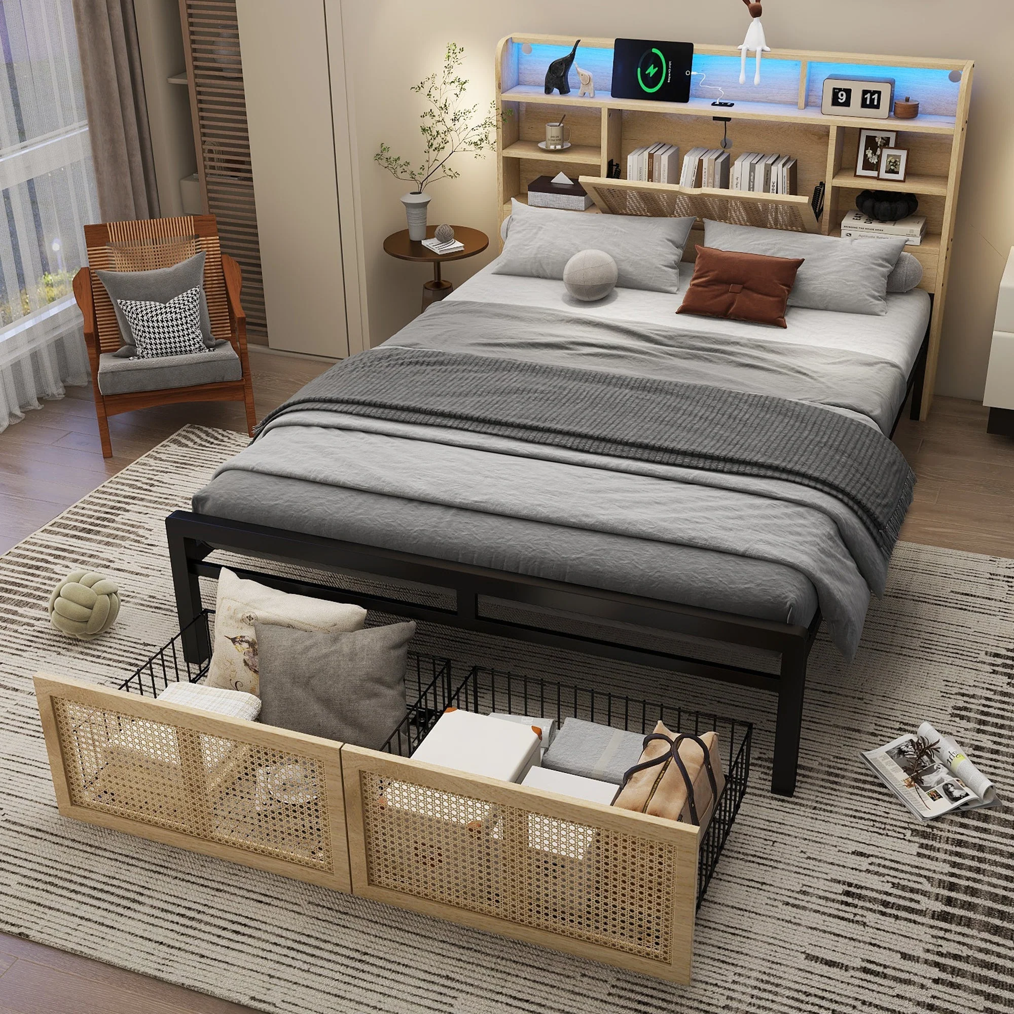 Wooden Bed, Charging Port, LED Strip Light, 4ft6 Double, Wood Colour - Image 6