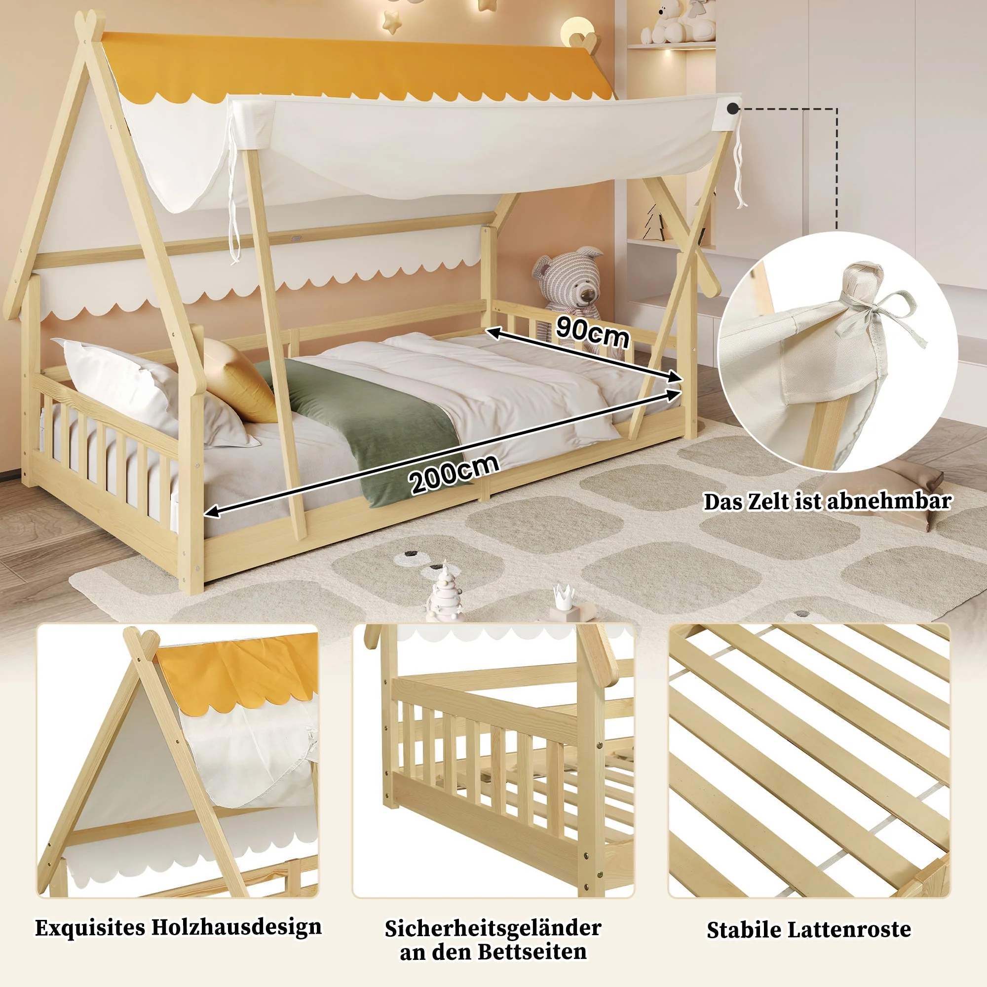 Wooden Bed, Children's Single with Removable Tent & Safety Railing, Pine + Plywood, Natural - Image 5