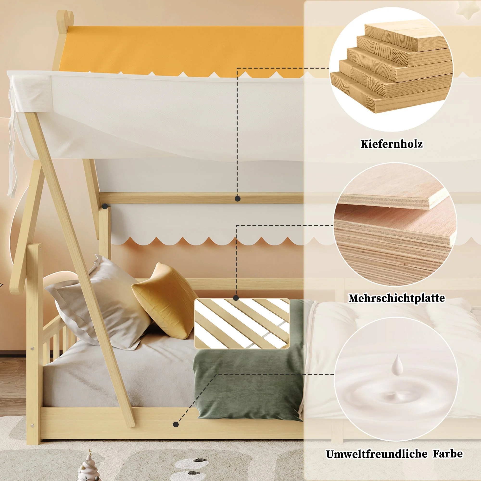Wooden Bed, Children's Single with Removable Tent & Safety Railing, Pine + Plywood, Natural - Image 6