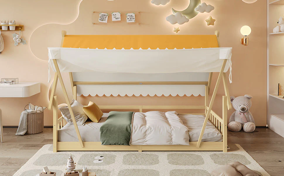 Wooden Bed, Children's Single with Removable Tent & Safety Railing, Pine + Plywood, Natural - Image 7