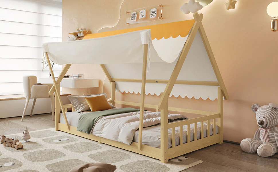 Wooden Bed, Children's Single with Removable Tent & Safety Railing, Pine + Plywood, Natural - Image 8