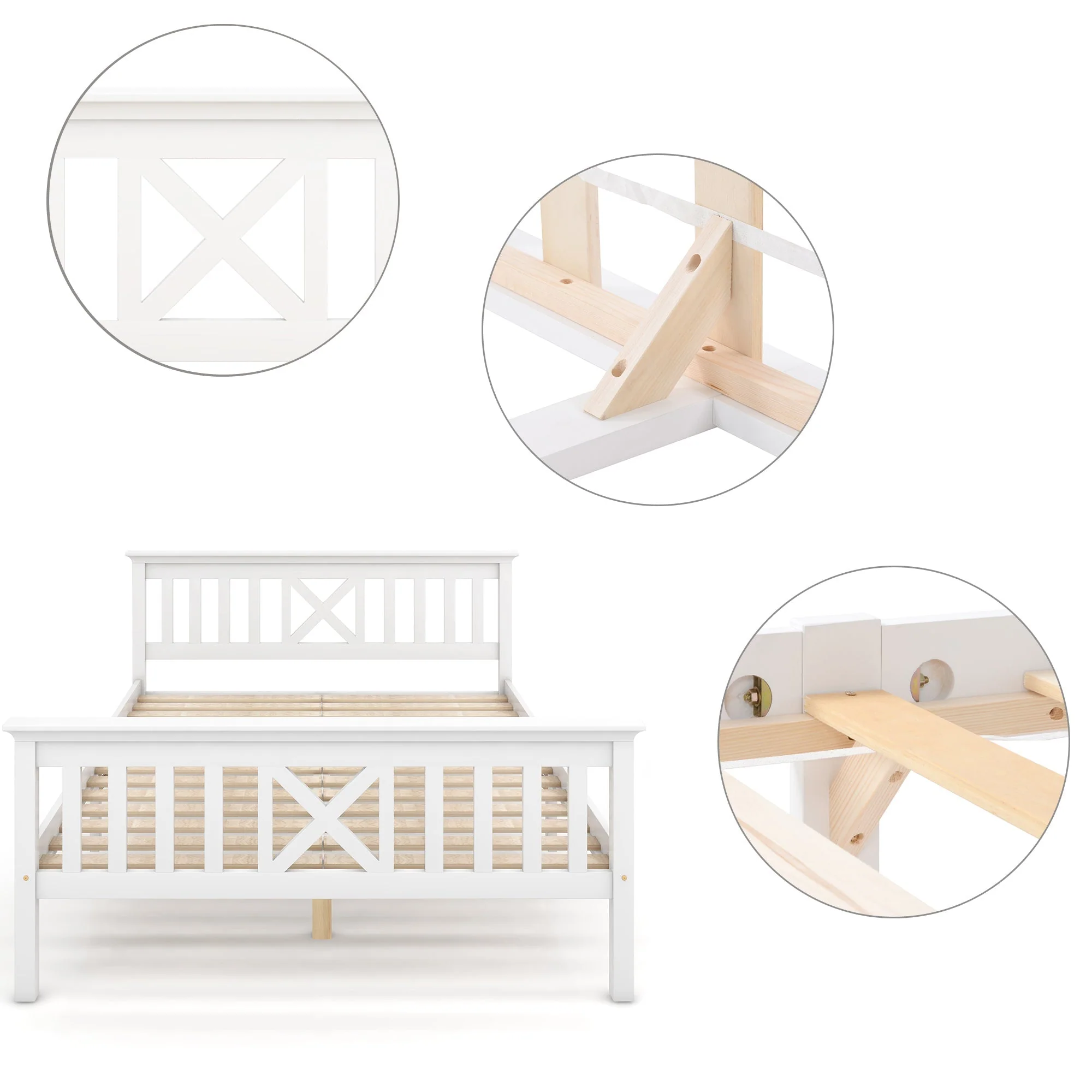 Wooden Bed Double Bed, 140 x 200 cm, Solid Pine, White - Image 6
