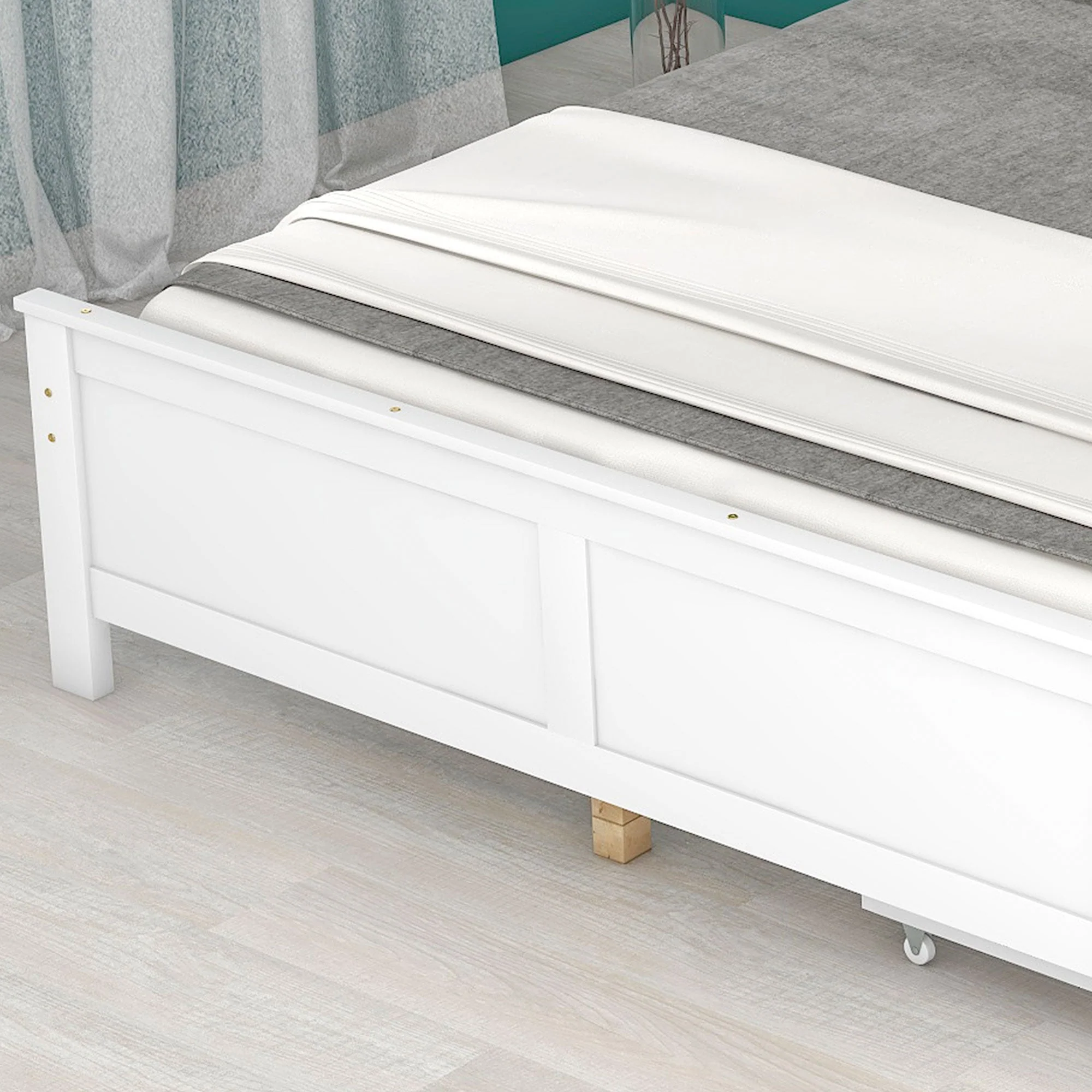 Wooden Bed, Double/Youth/Adult, Storage Drawers, Pinewood, White - Image 9
