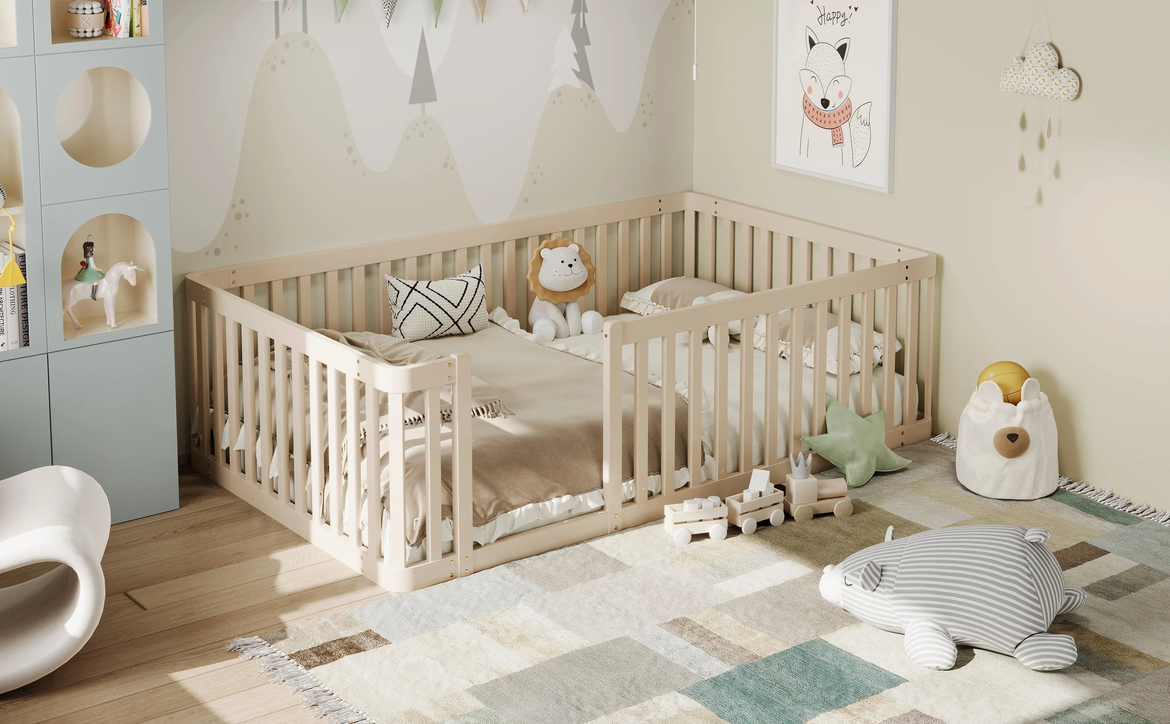Wooden Bed Frame with Railing, 90x200cm, Cream - Image 3