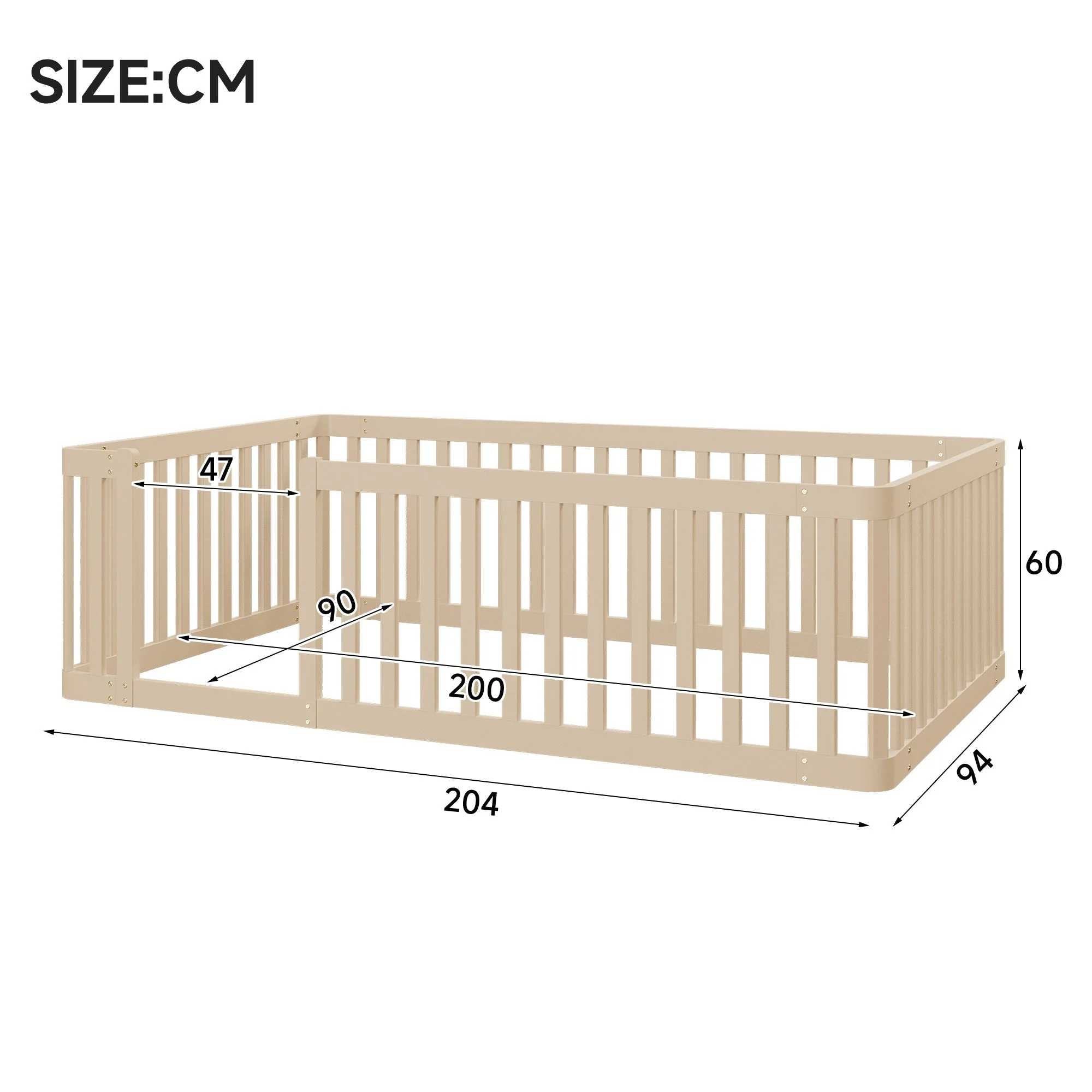Wooden Bed Frame with Railing, 90x200cm, Cream - Image 4