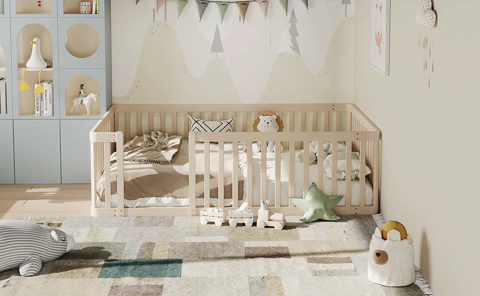 Wooden Bed Frame with Railing, 90x200cm, Cream - Image 7