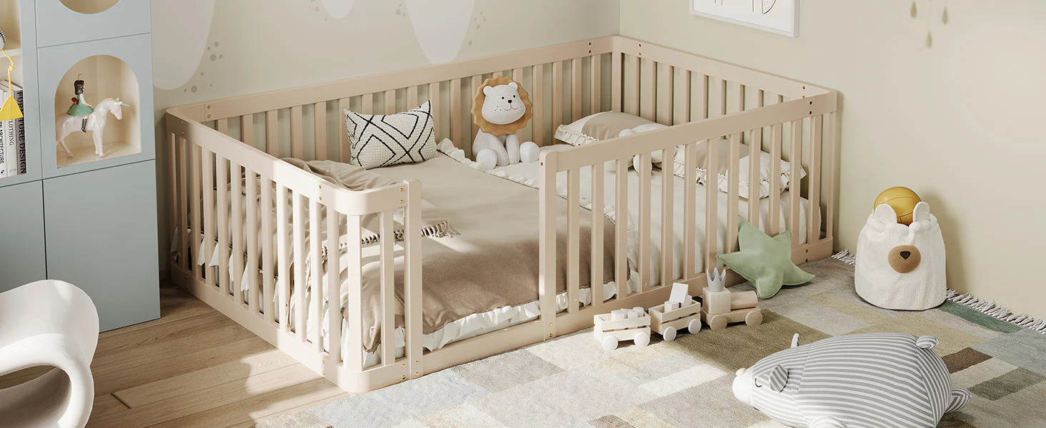 Wooden Bed Frame with Railing, 90x200cm, Cream - Image 8