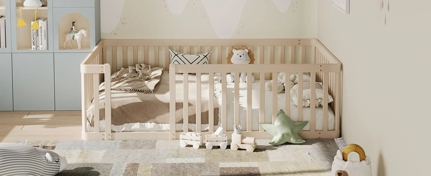 Wooden Bed Frame with Railing, 90x200cm, Cream - Image 9