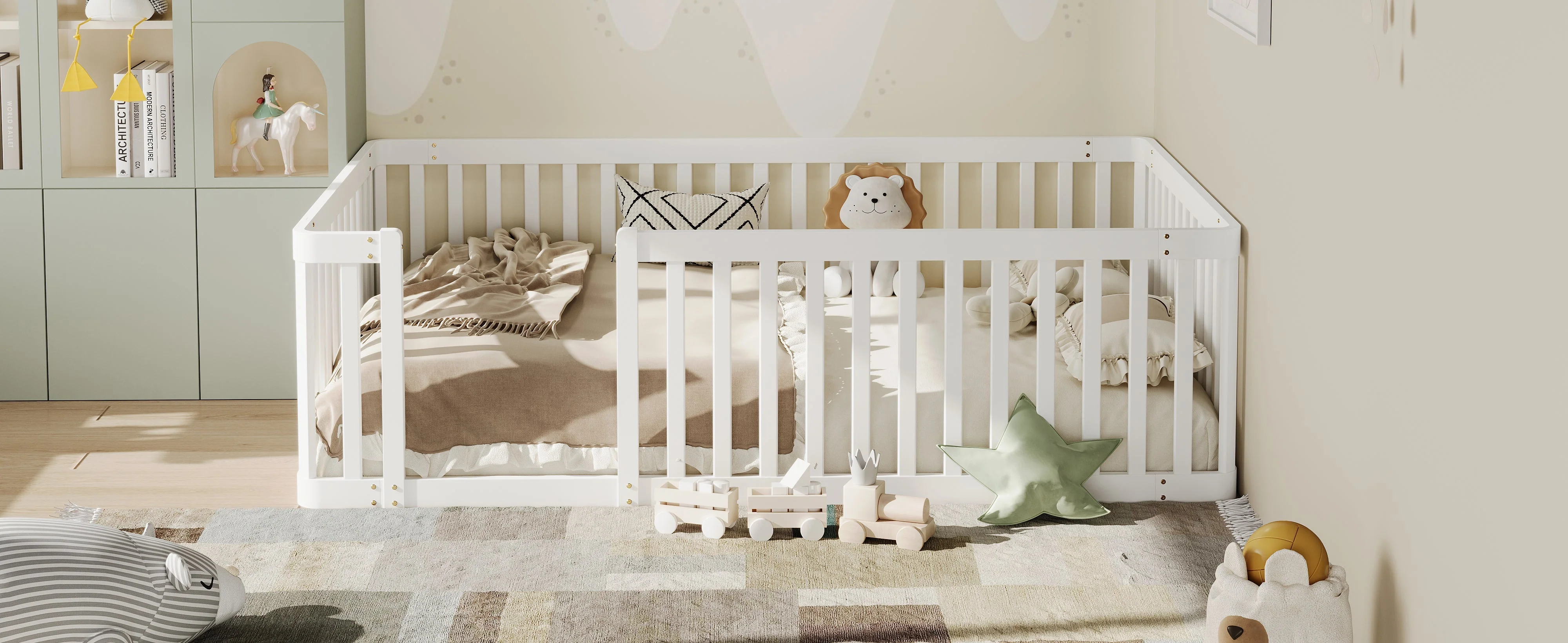 Wooden Bed Frame with Safety Fence, 90x200cm, White Pine Wood - Image 4