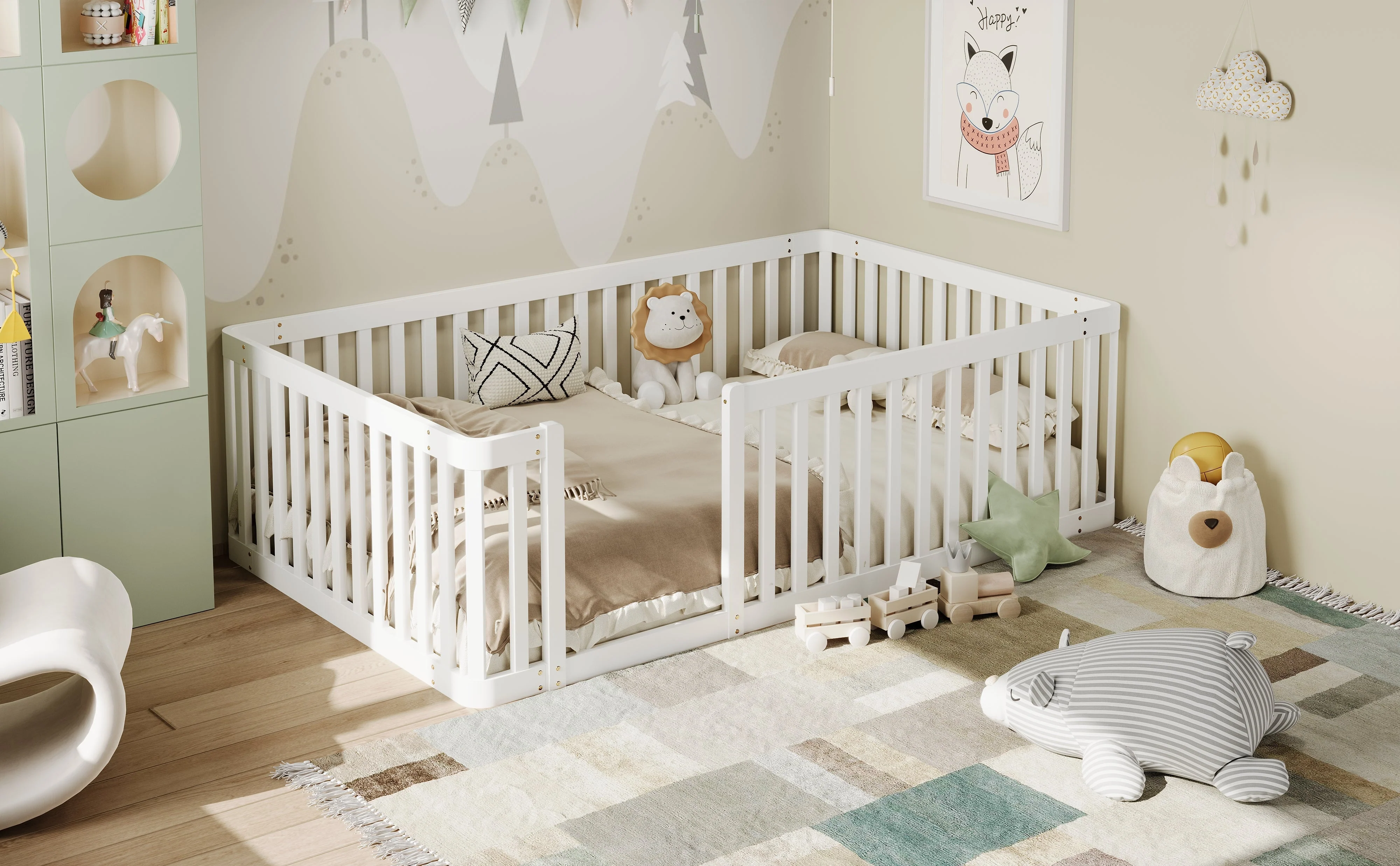Wooden Bed Frame with Safety Fence, 90x200cm, White Pine Wood - Image 5