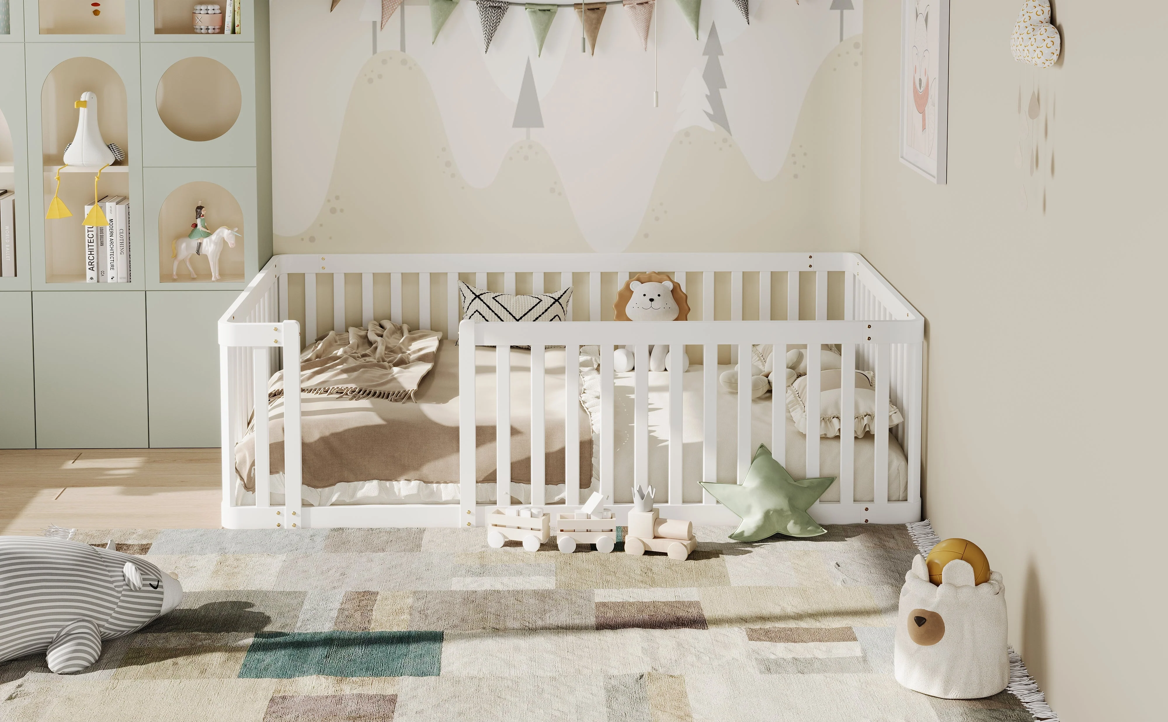 Wooden Bed Frame with Safety Fence, 90x200cm, White Pine Wood - Image 6