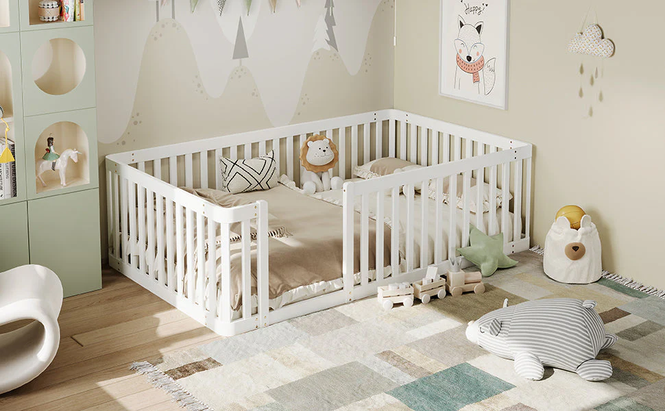 Wooden Bed Frame with Safety Fence, 90x200cm, White Pine Wood - Image 7