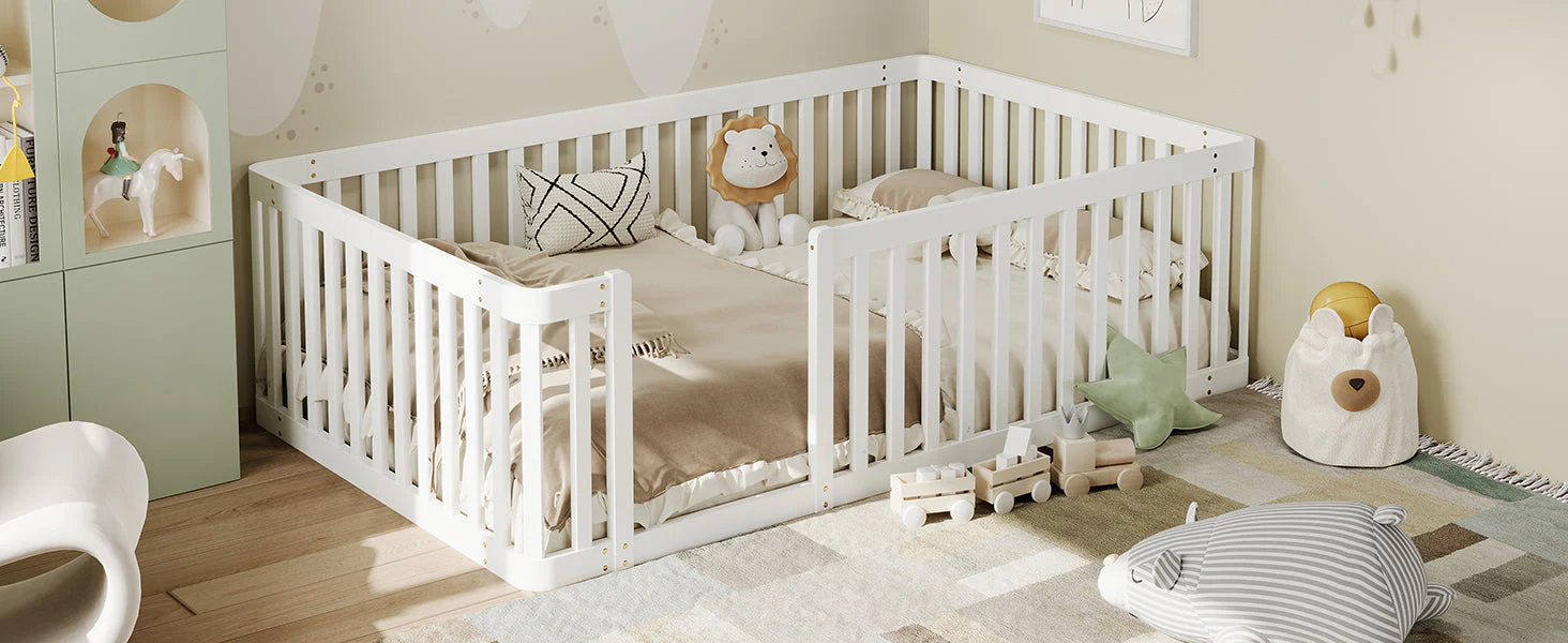 Wooden Bed Frame with Safety Fence, 90x200cm, White Pine Wood - Image 9