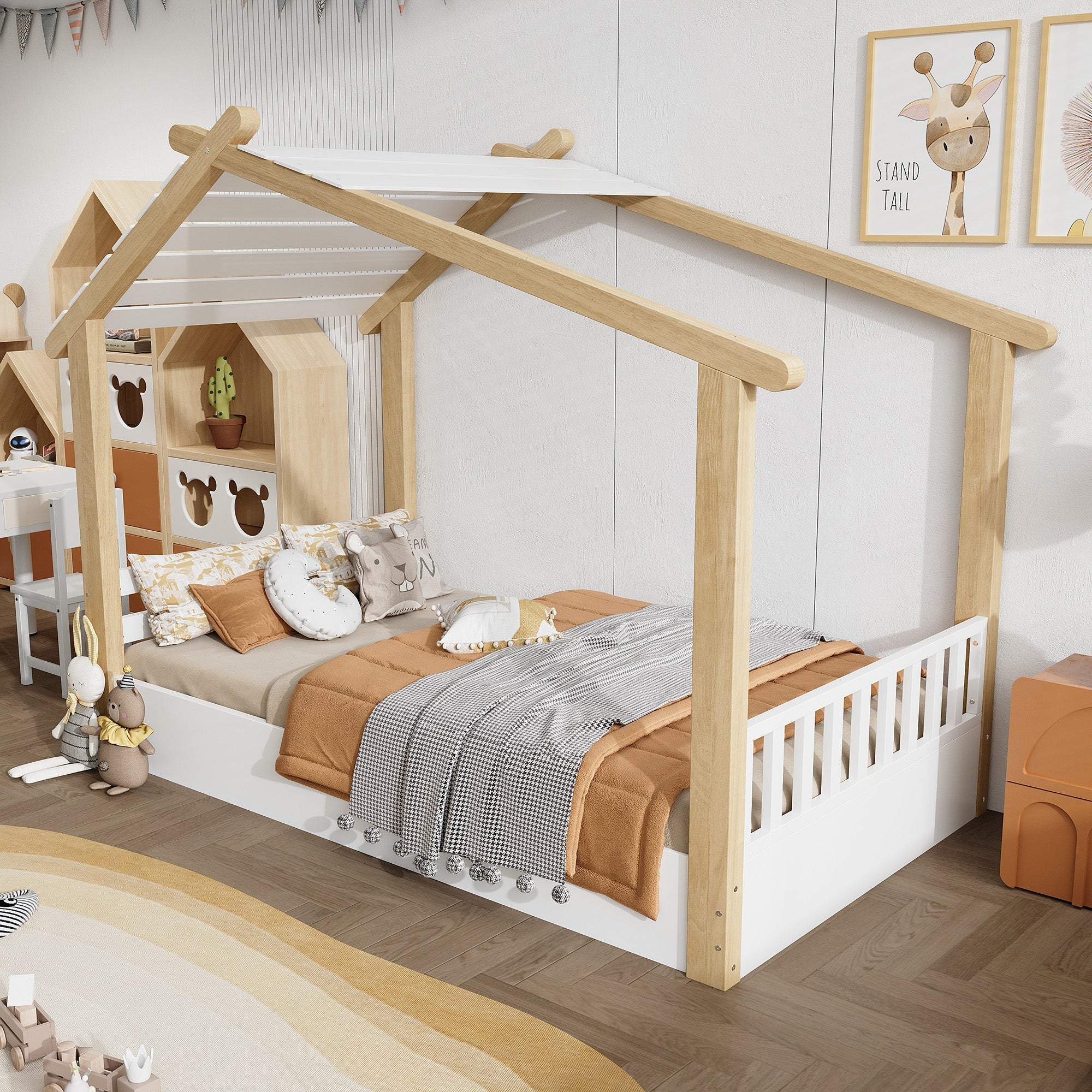 Wooden Bed, House Design Single with Slatted Frame, Pine & MDF White & Natural - Image 3