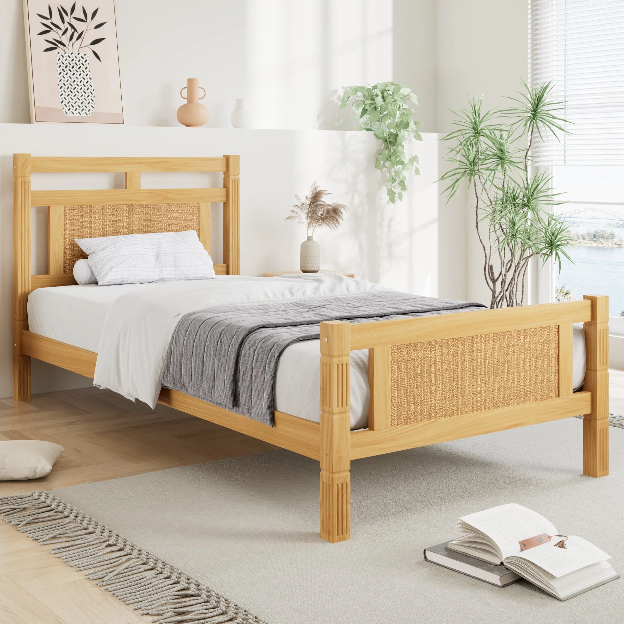 Wooden Bed, Single 90x190cm, Rattan Paper MDF/Pine, Wood Colour - Image 3