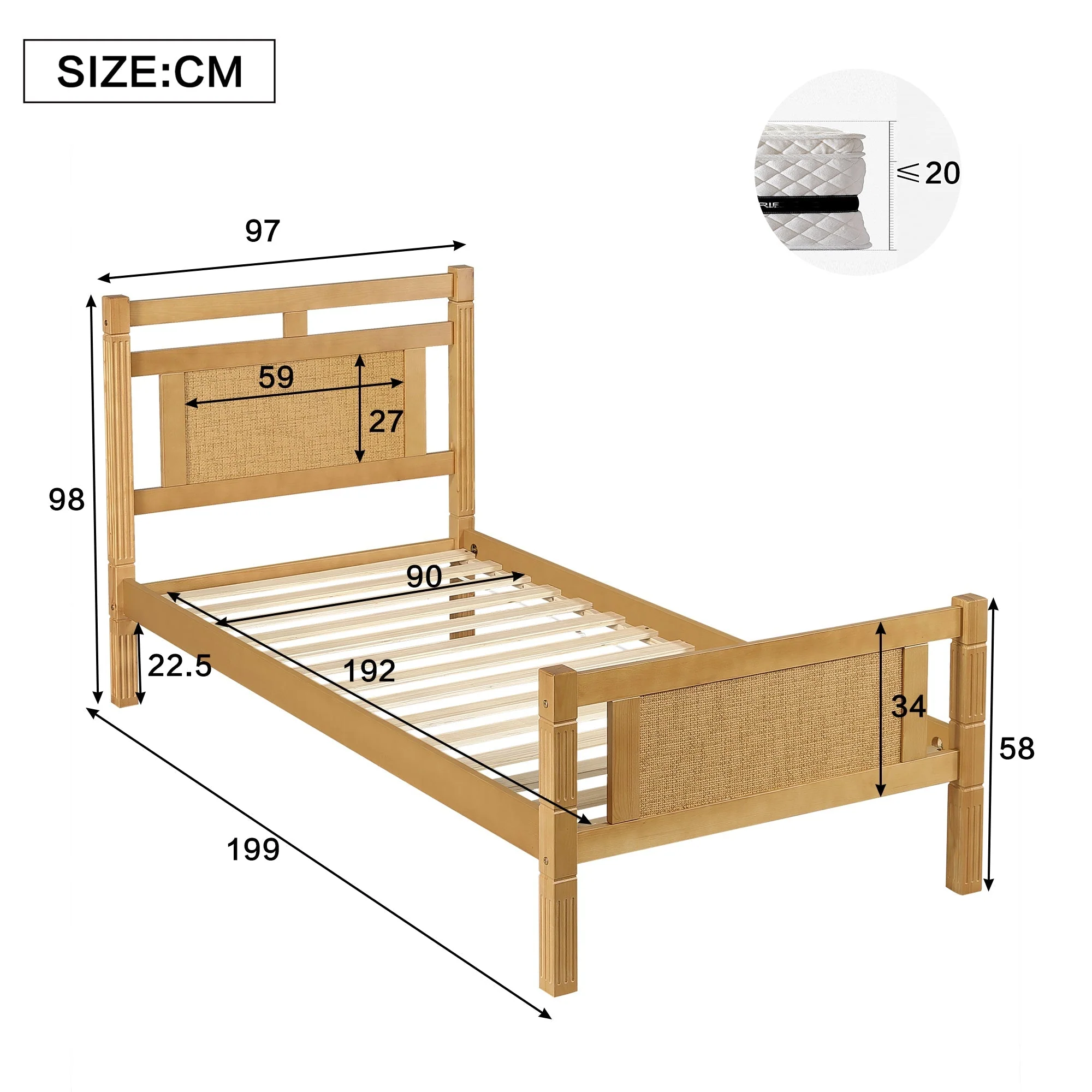 Wooden Bed, Single 90x190cm, Rattan Paper MDF/Pine, Wood Colour - Image 4