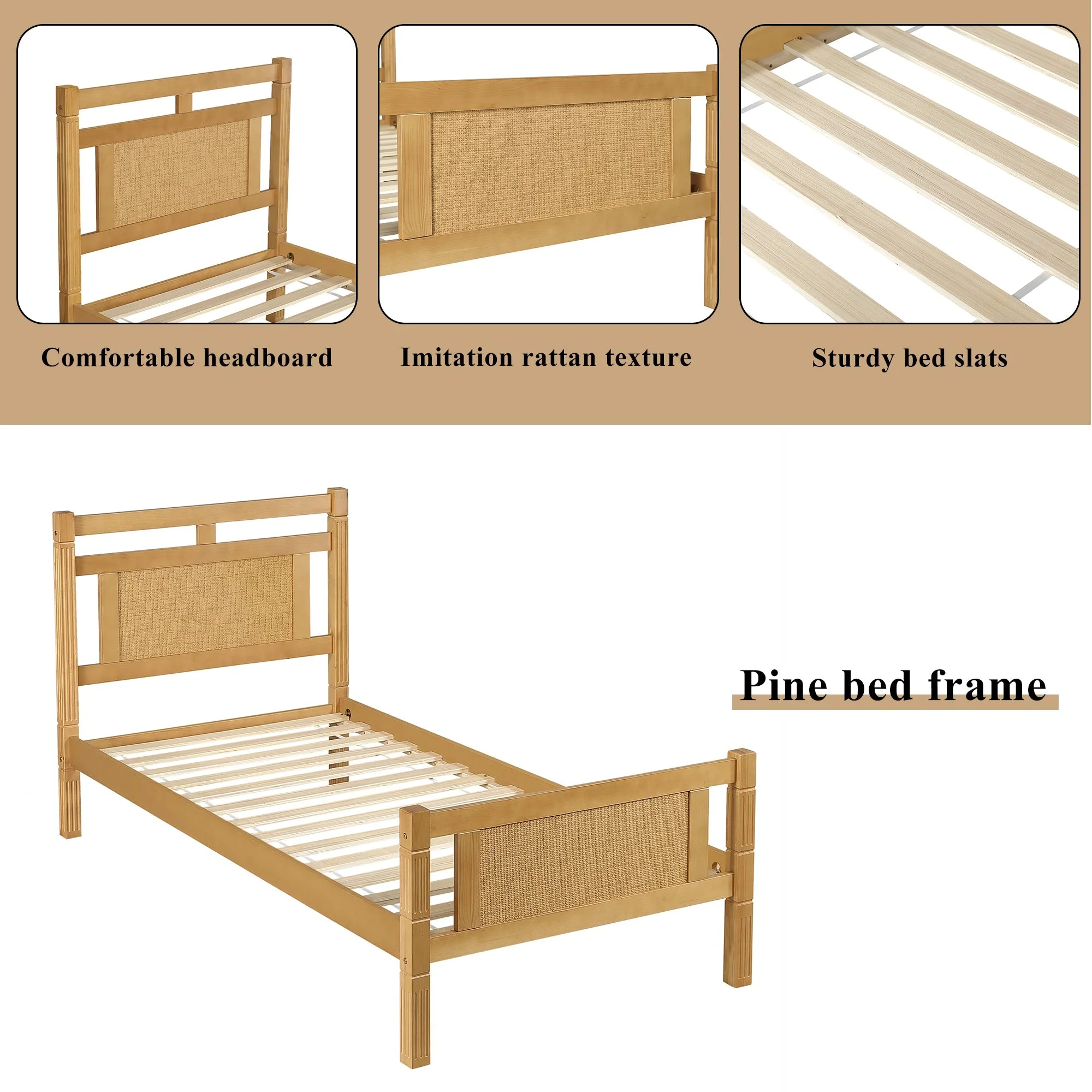 Wooden Bed, Single 90x190cm, Rattan Paper MDF/Pine, Wood Colour - Image 6