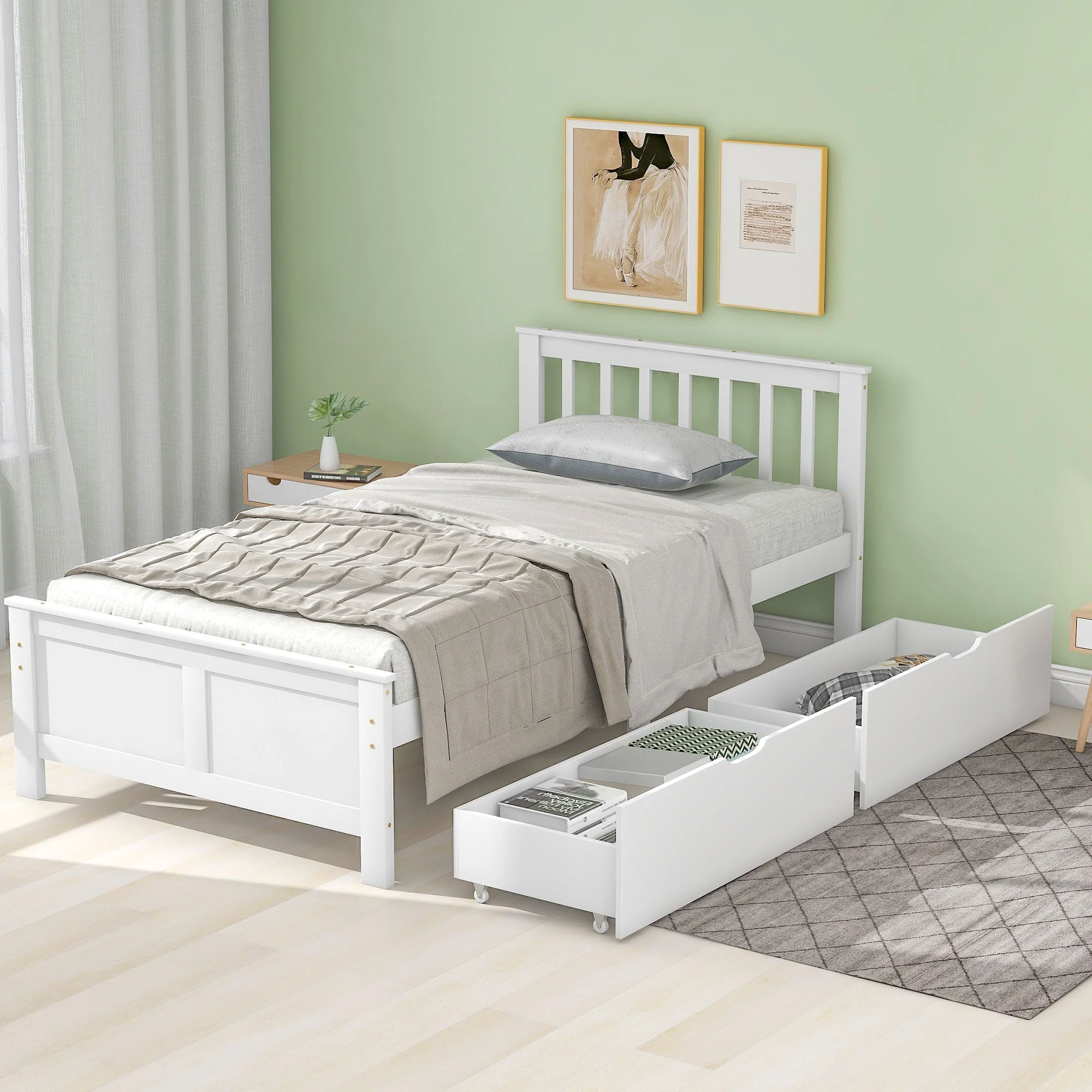 Wooden Bed, Single Adult Youth with Storage Drawers, Pine Wood, White