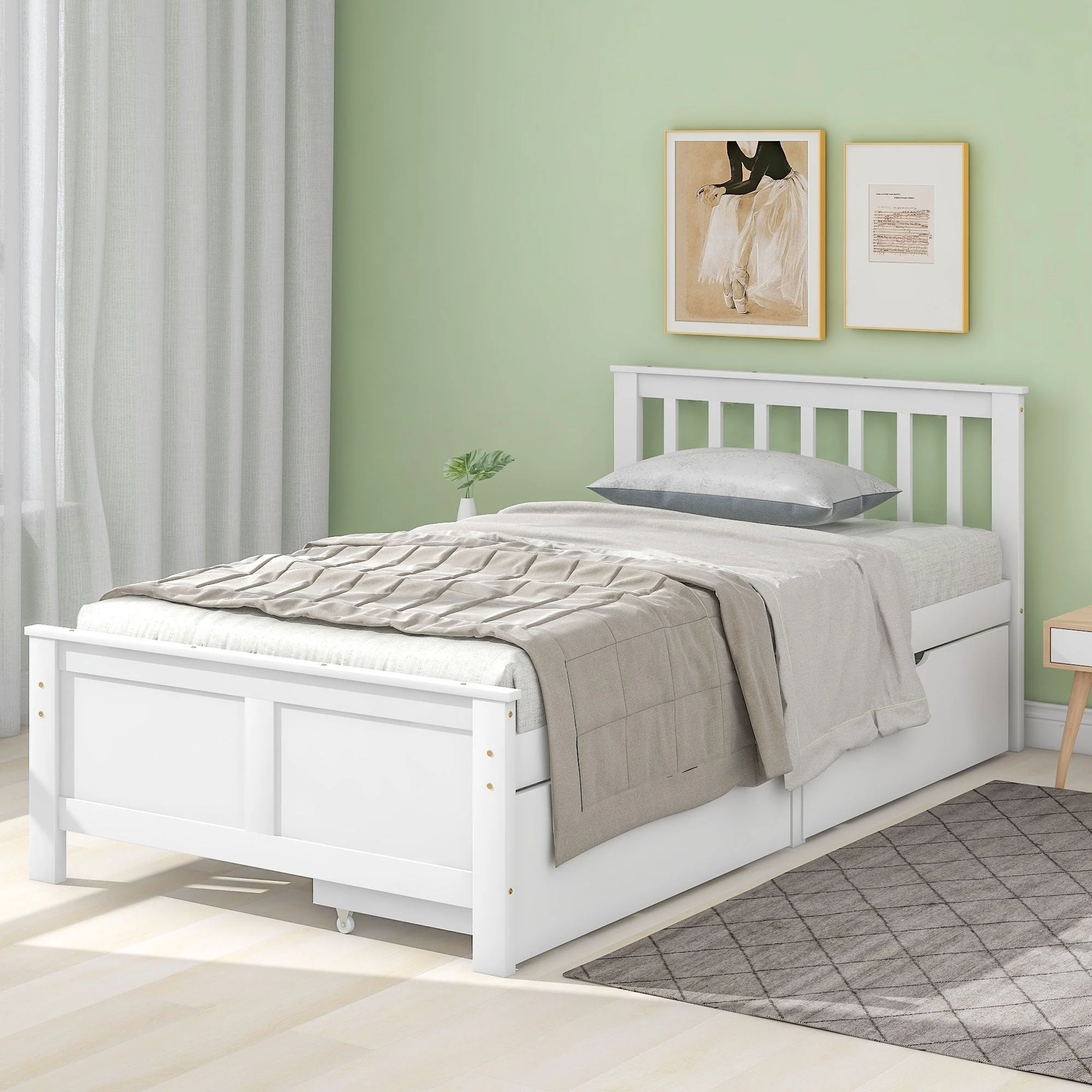 Wooden Bed, Single Adult Youth with Storage Drawers, Pine Wood, White - Image 2