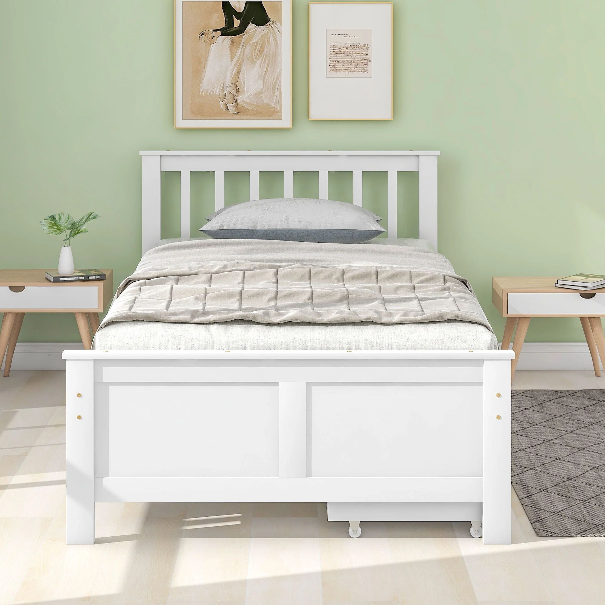 Wooden Bed, Single Adult Youth with Storage Drawers, Pine Wood, White - Image 3