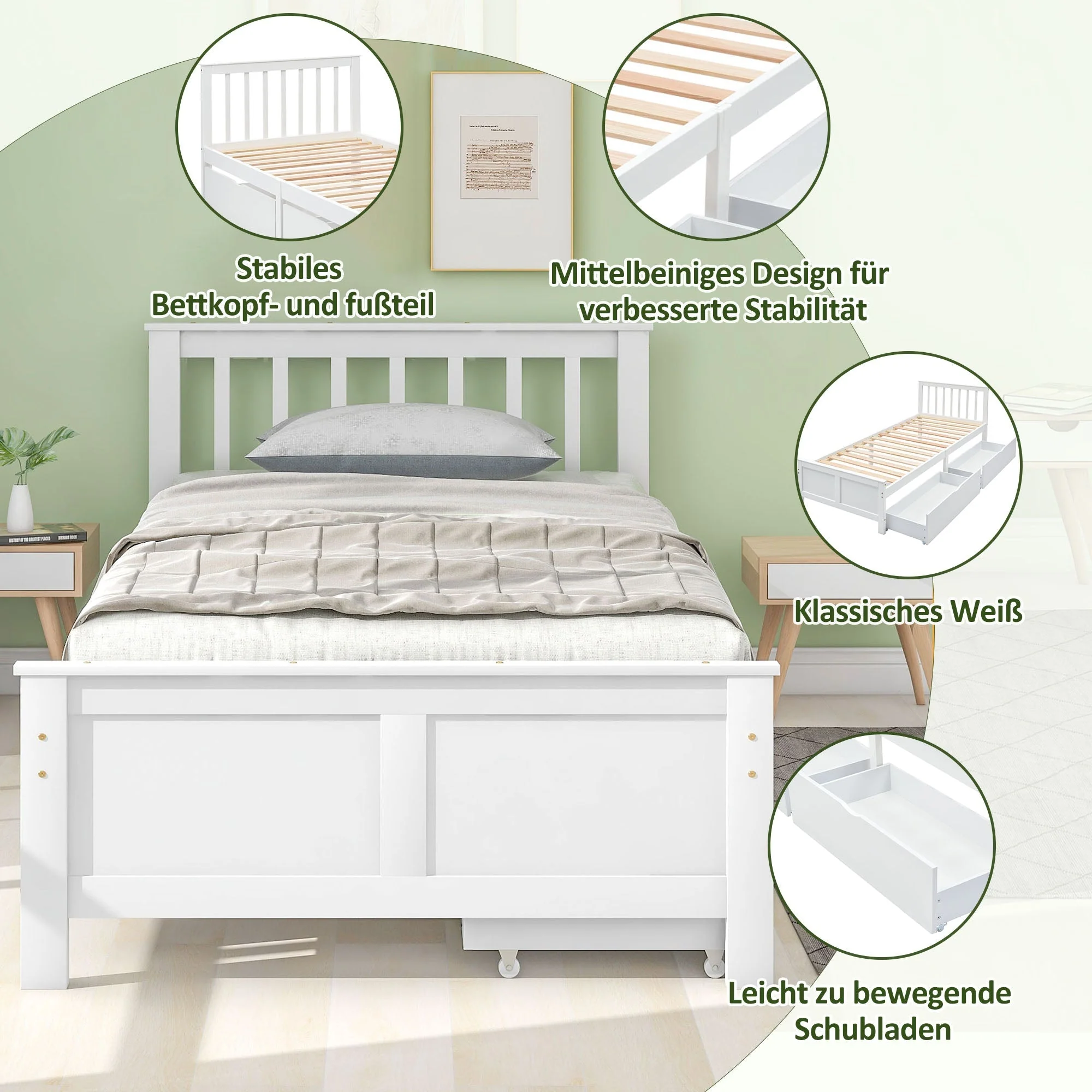 Wooden Bed, Single Adult Youth with Storage Drawers, Pine Wood, White - Image 4