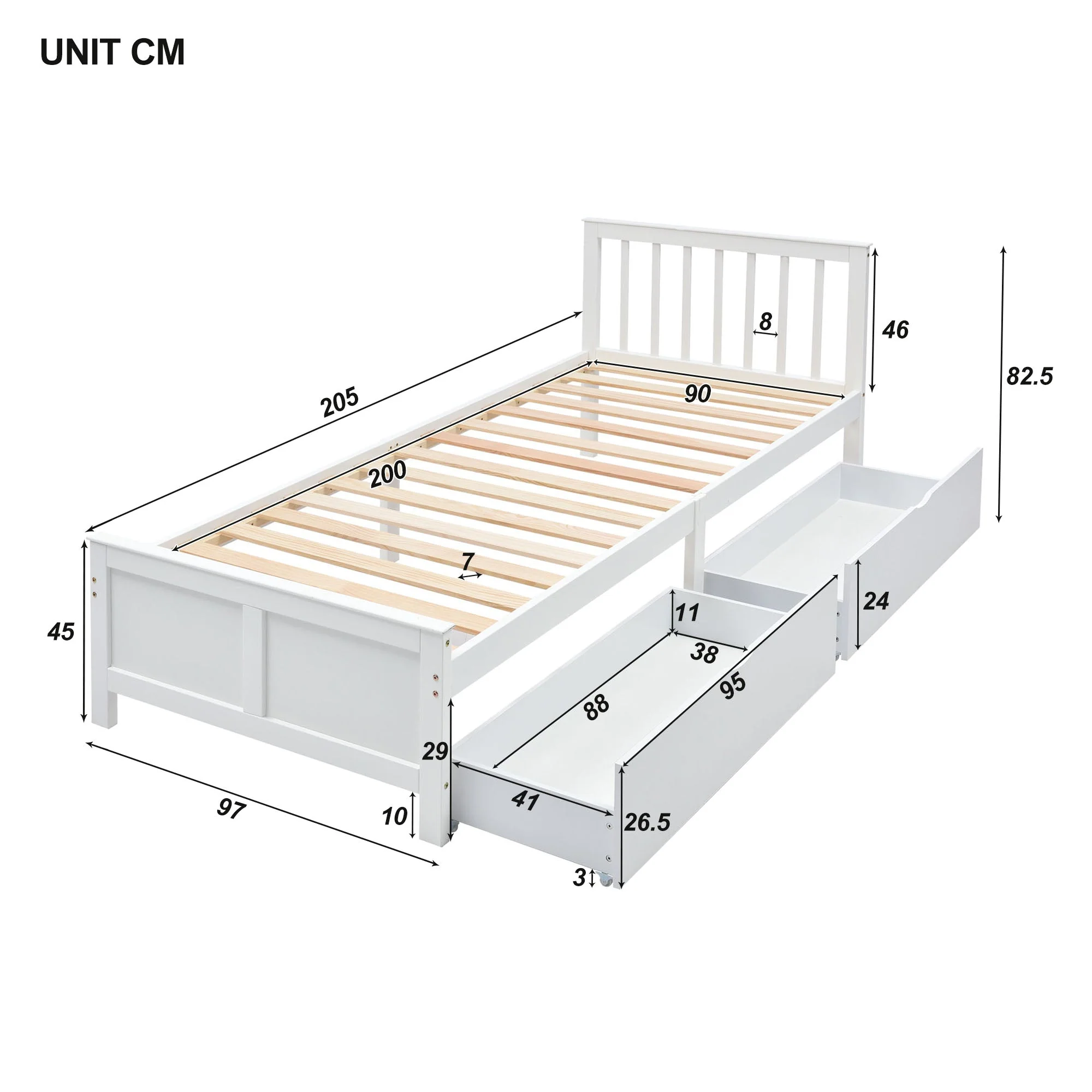 Wooden Bed, Single Adult Youth with Storage Drawers, Pine Wood, White - Image 5