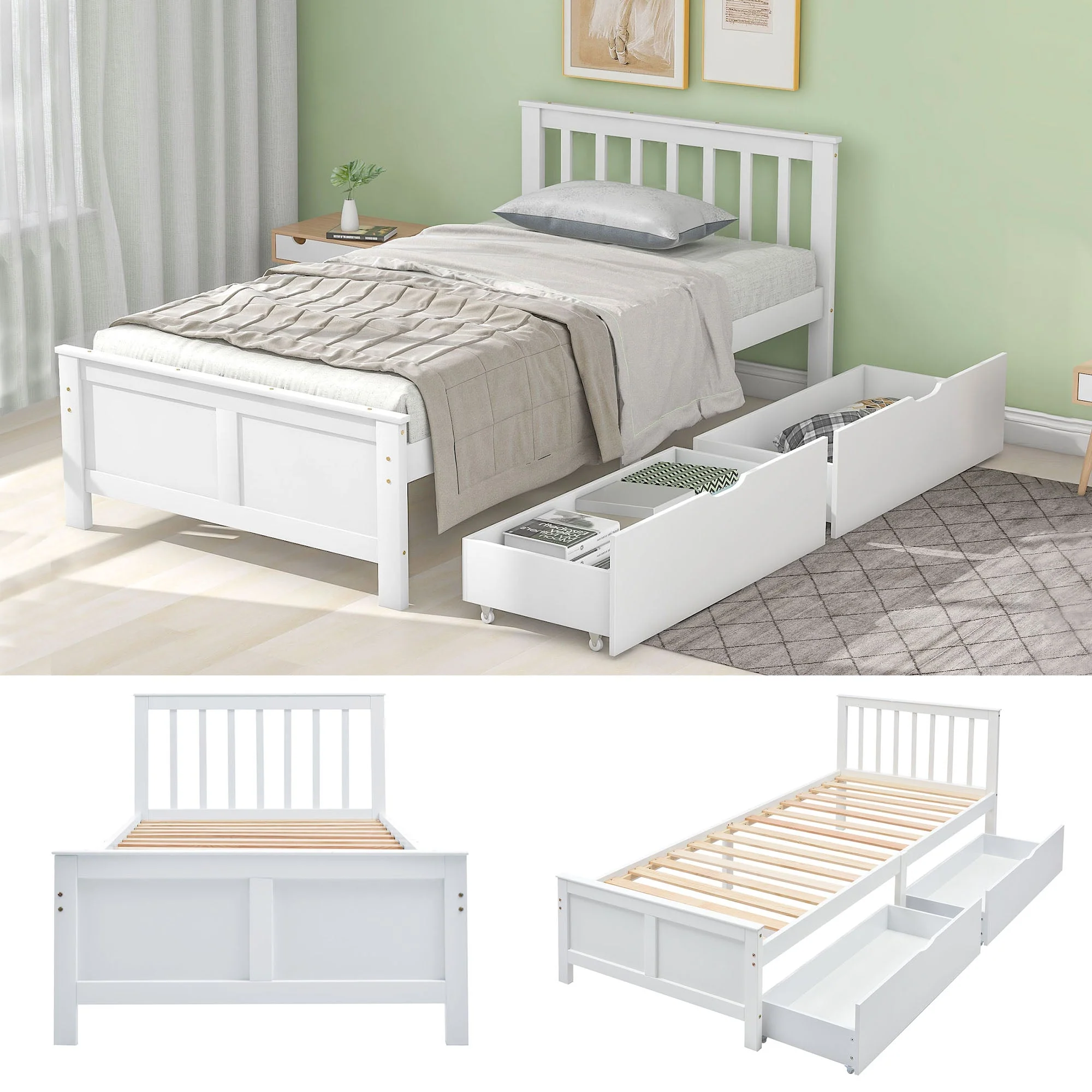 Wooden Bed, Single Adult Youth with Storage Drawers, Pine Wood, White - Image 6