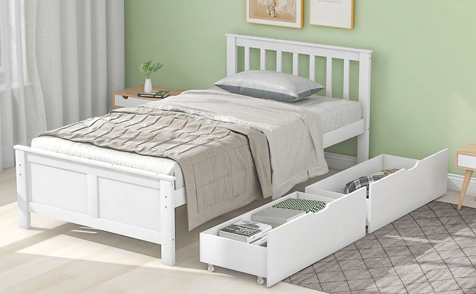 Wooden Bed, Single Adult Youth with Storage Drawers, Pine Wood, White - Image 9