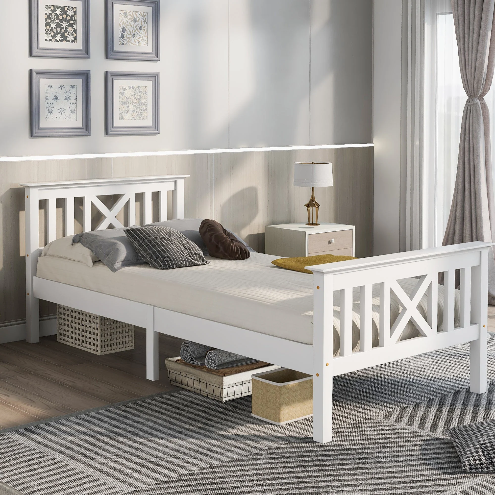 Wooden Bed Single, Bed Frame with Slatted Frame and Headboard, 90 x 200 cm, Solid Pine White - Image 8
