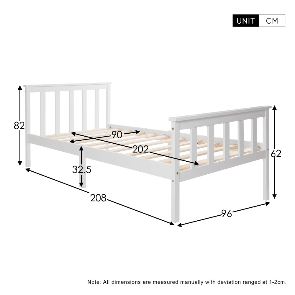 Wooden Bed, Single with Headboard, 90 x 200 cm Solid Pine, White - Image 2