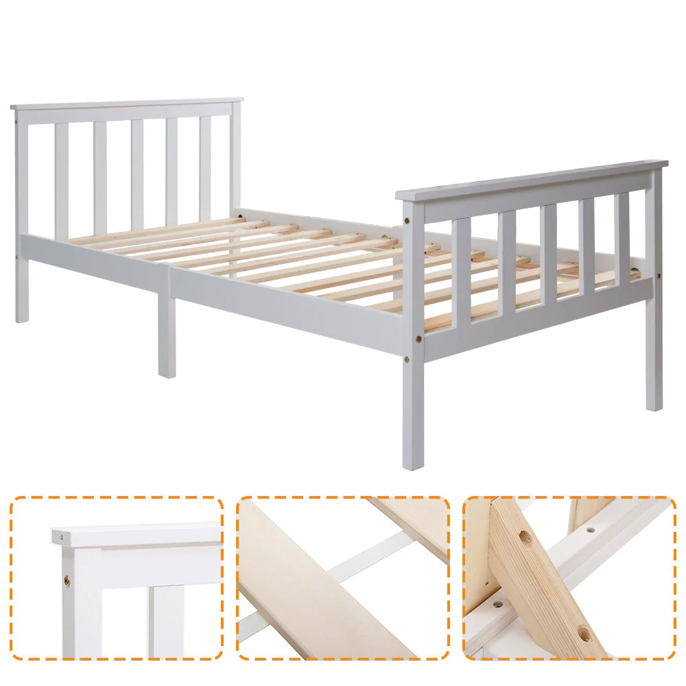 Wooden Bed, Single with Headboard, 90 x 200 cm Solid Pine, White - Image 3