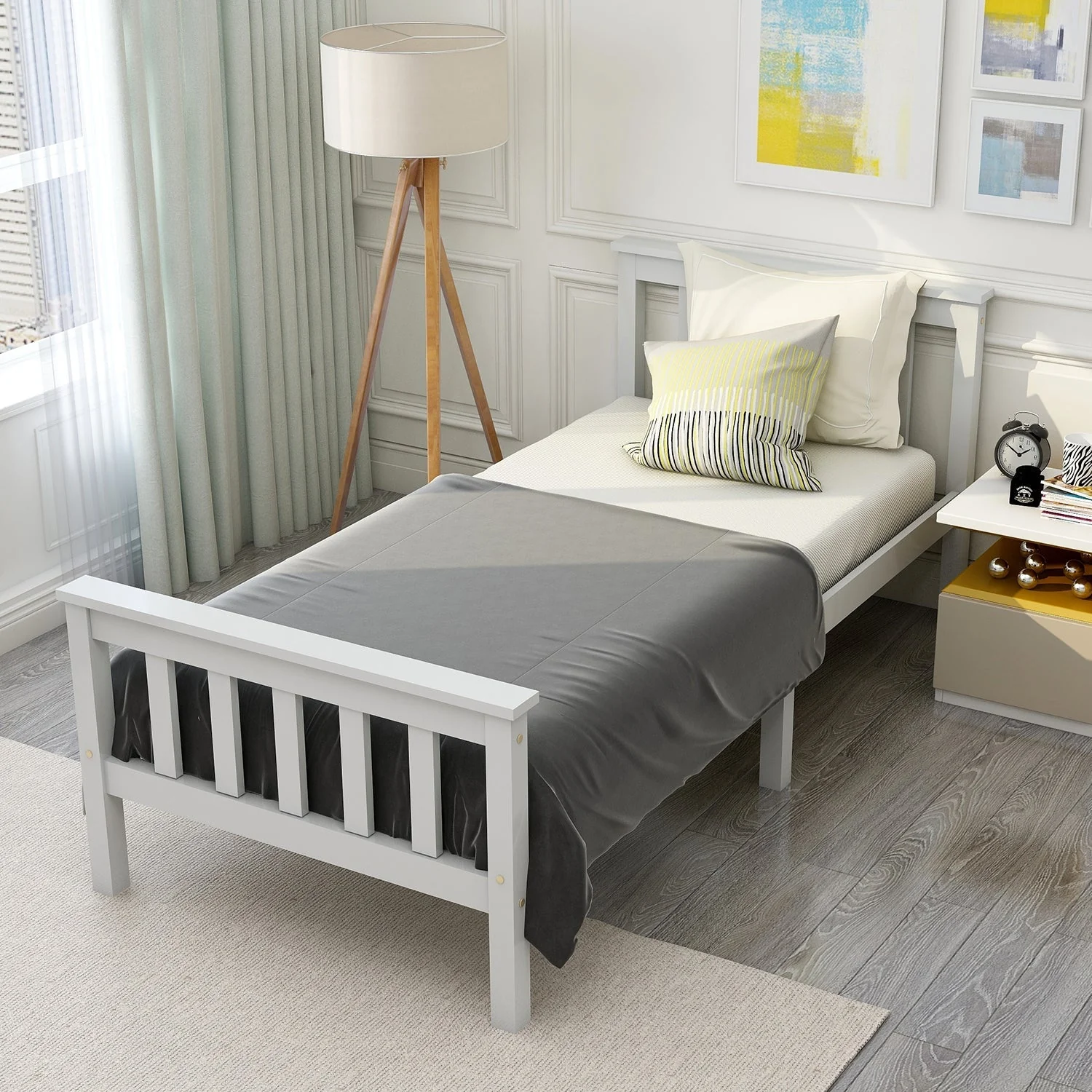 Wooden Bed, Single with Headboard, 90 x 200 cm Solid Pine, White - Image 9