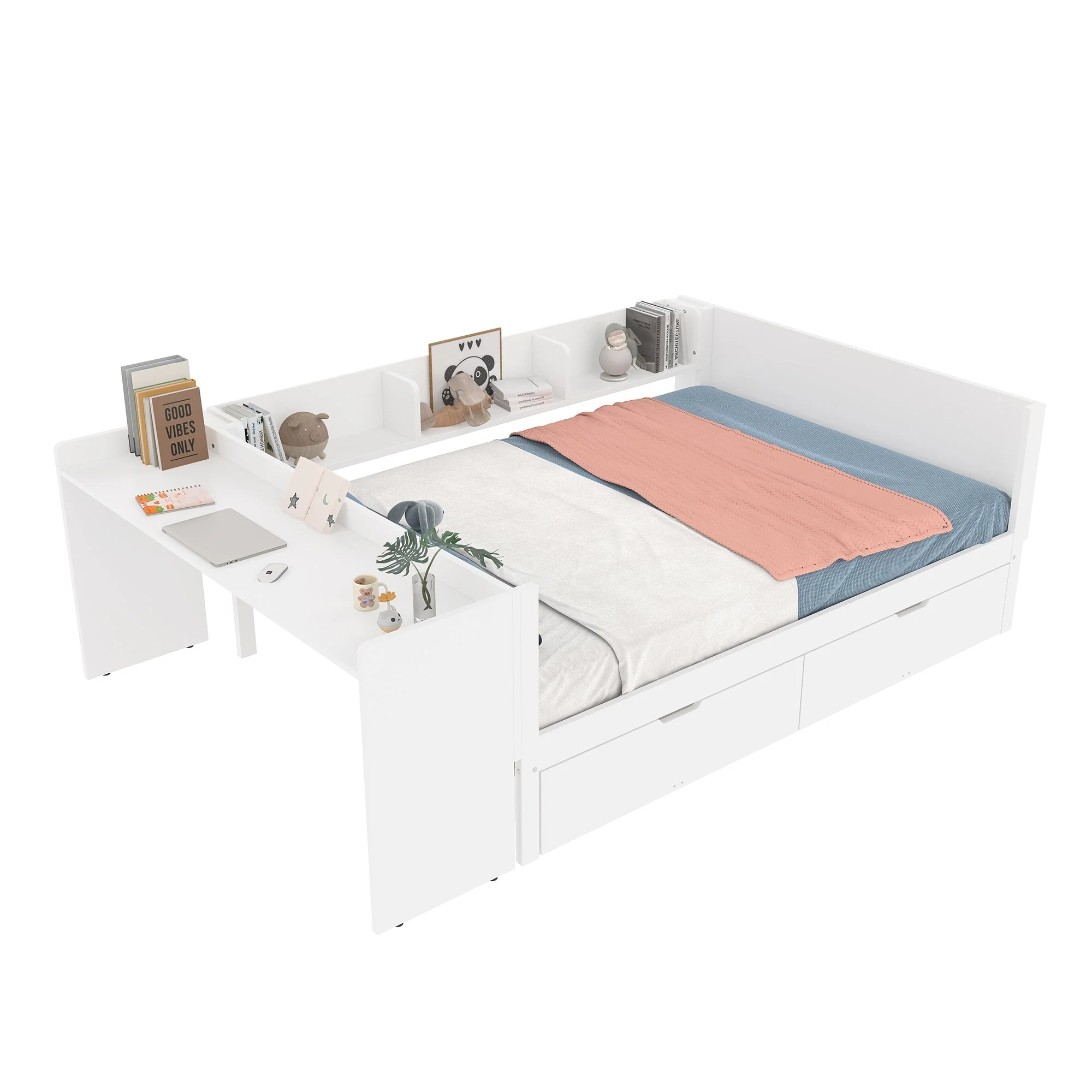 Wooden Bed with Desk and Storage Drawers, 140x200cm, Pine and White - Image 6
