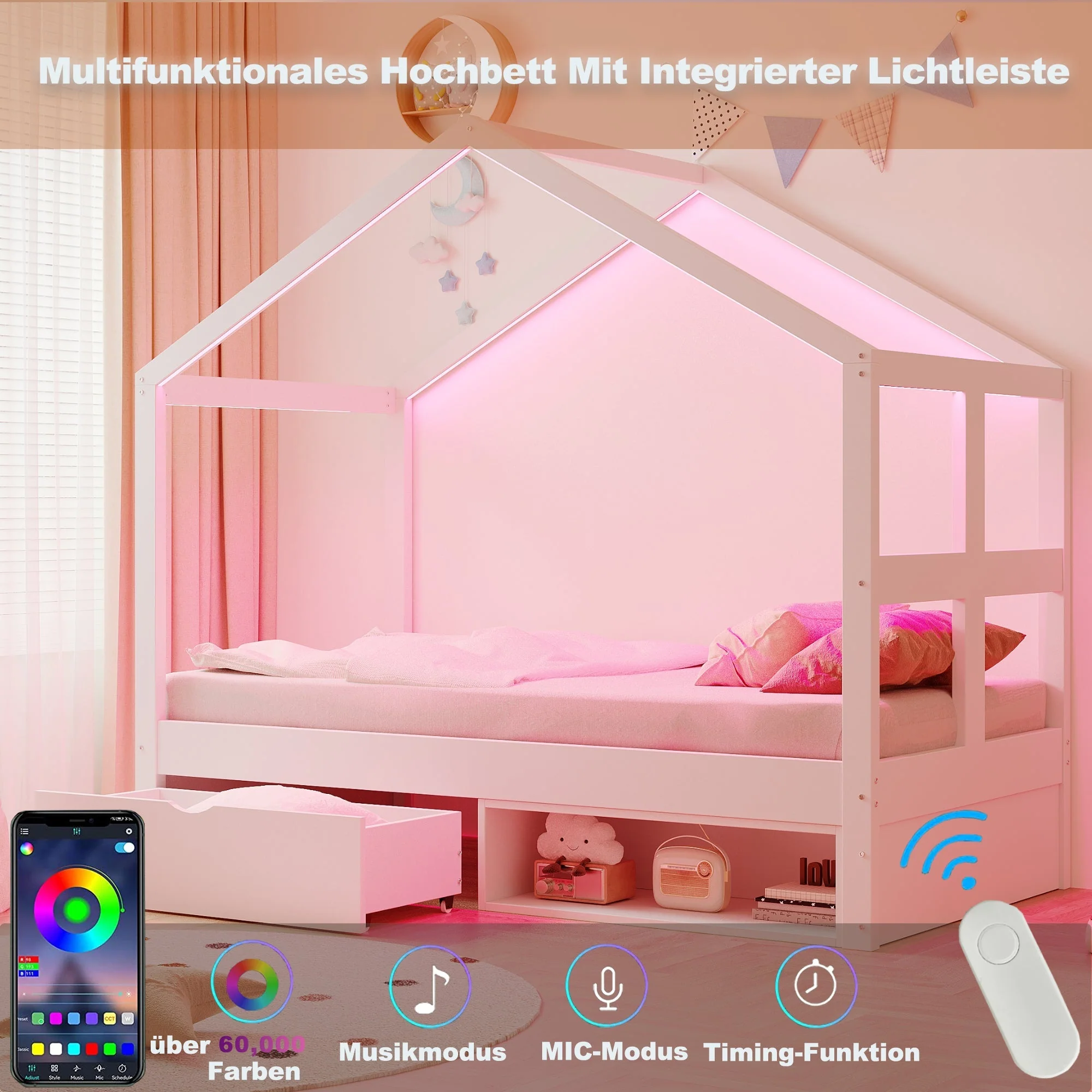 Wooden Bed with Drawers, Shoe Cabinet and LED Lighting, 90x190cm, White Wood - Image 4