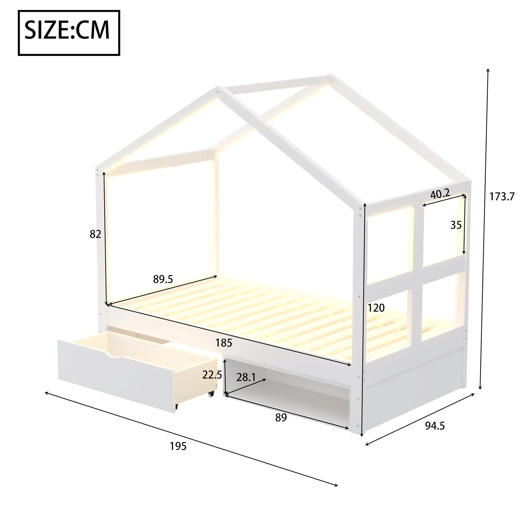 Wooden Bed with Drawers, Shoe Cabinet and LED Lighting, 90x190cm, White Wood - Image 5