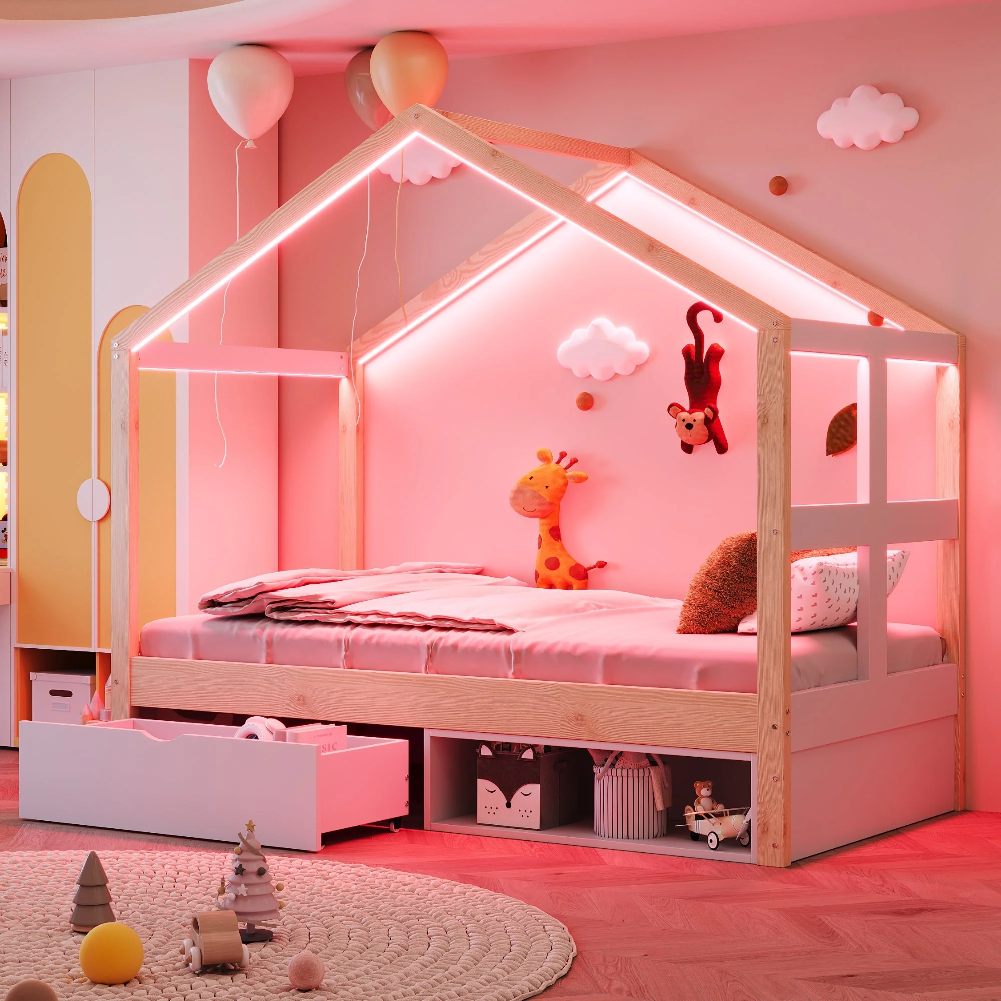 Wooden Bed with Drawers, Shoe Cabinet and LED Lighting, 90x190cm, Wood Color - Image 2