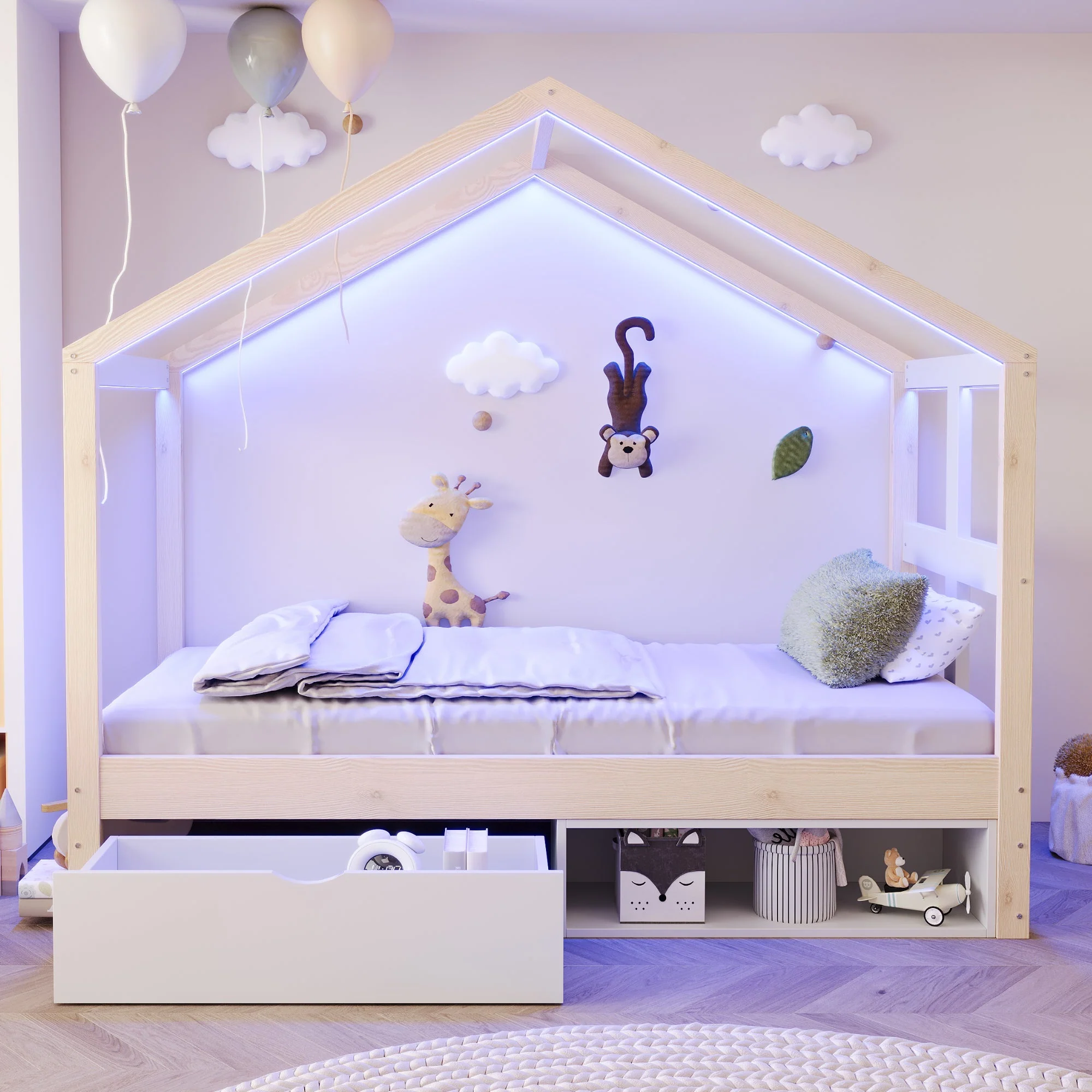 Wooden Bed with Drawers, Shoe Cabinet and LED Lighting, 90x190cm, Wood Color - Image 3