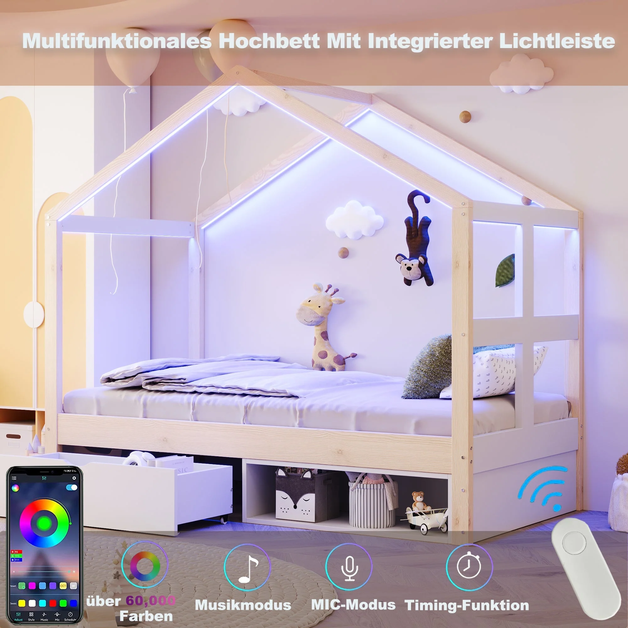 Wooden Bed with Drawers, Shoe Cabinet and LED Lighting, 90x190cm, Wood Color - Image 4