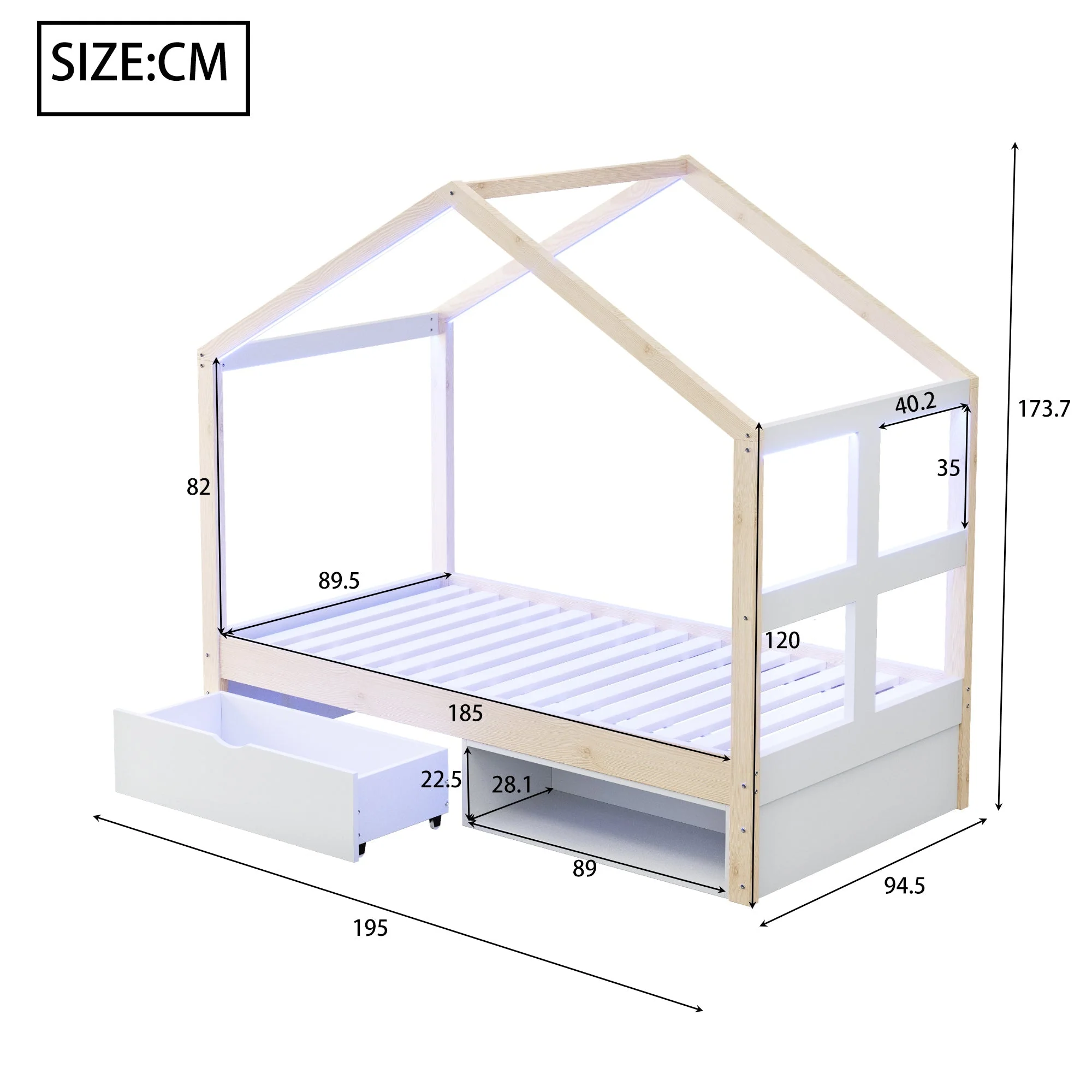 Wooden Bed with Drawers, Shoe Cabinet and LED Lighting, 90x190cm, Wood Color - Image 5
